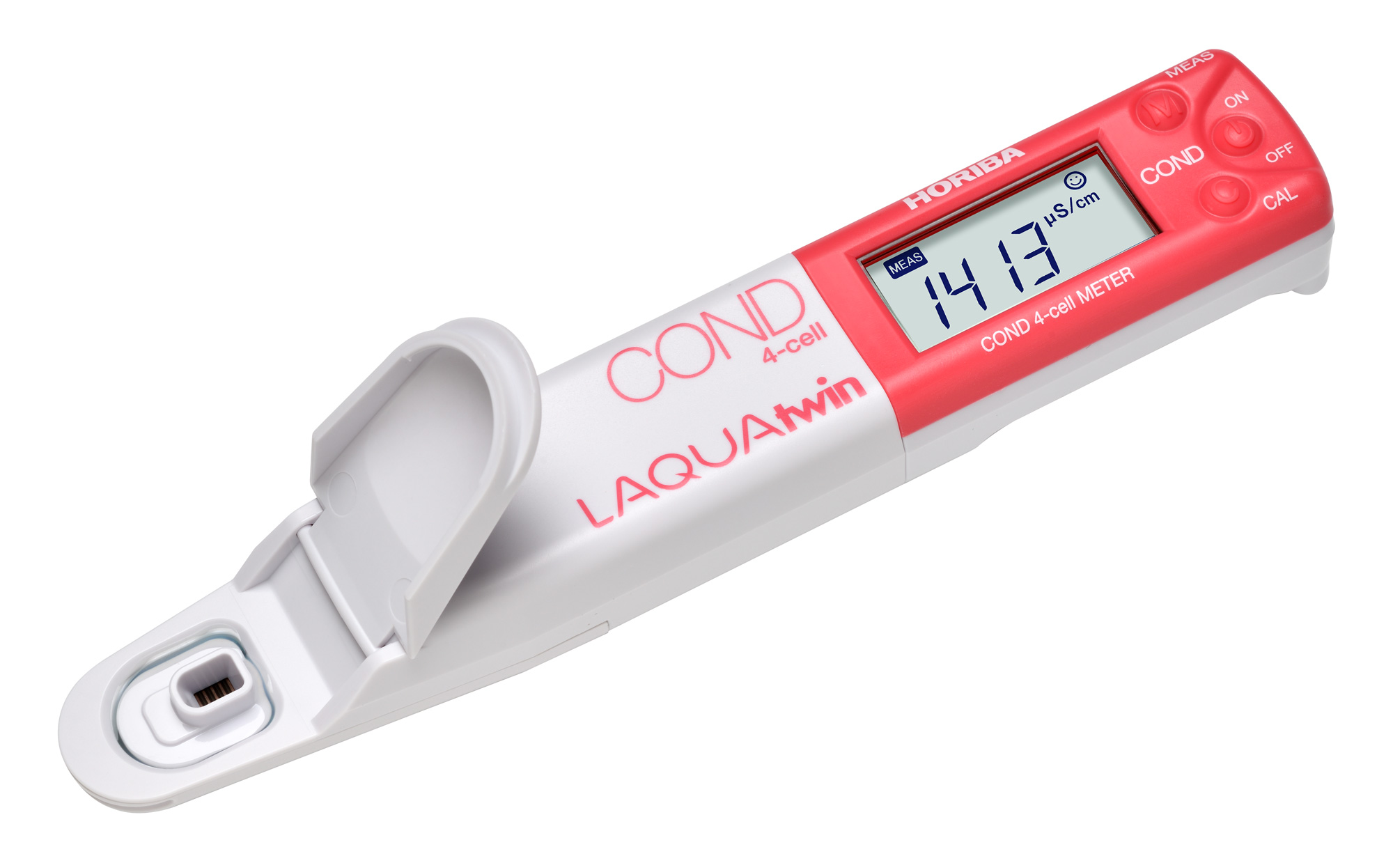 Horiba LAQUAtwin 4EC-22 conductivity tester, our item number 896092. Angled conductivity tester with a view of the sensor.