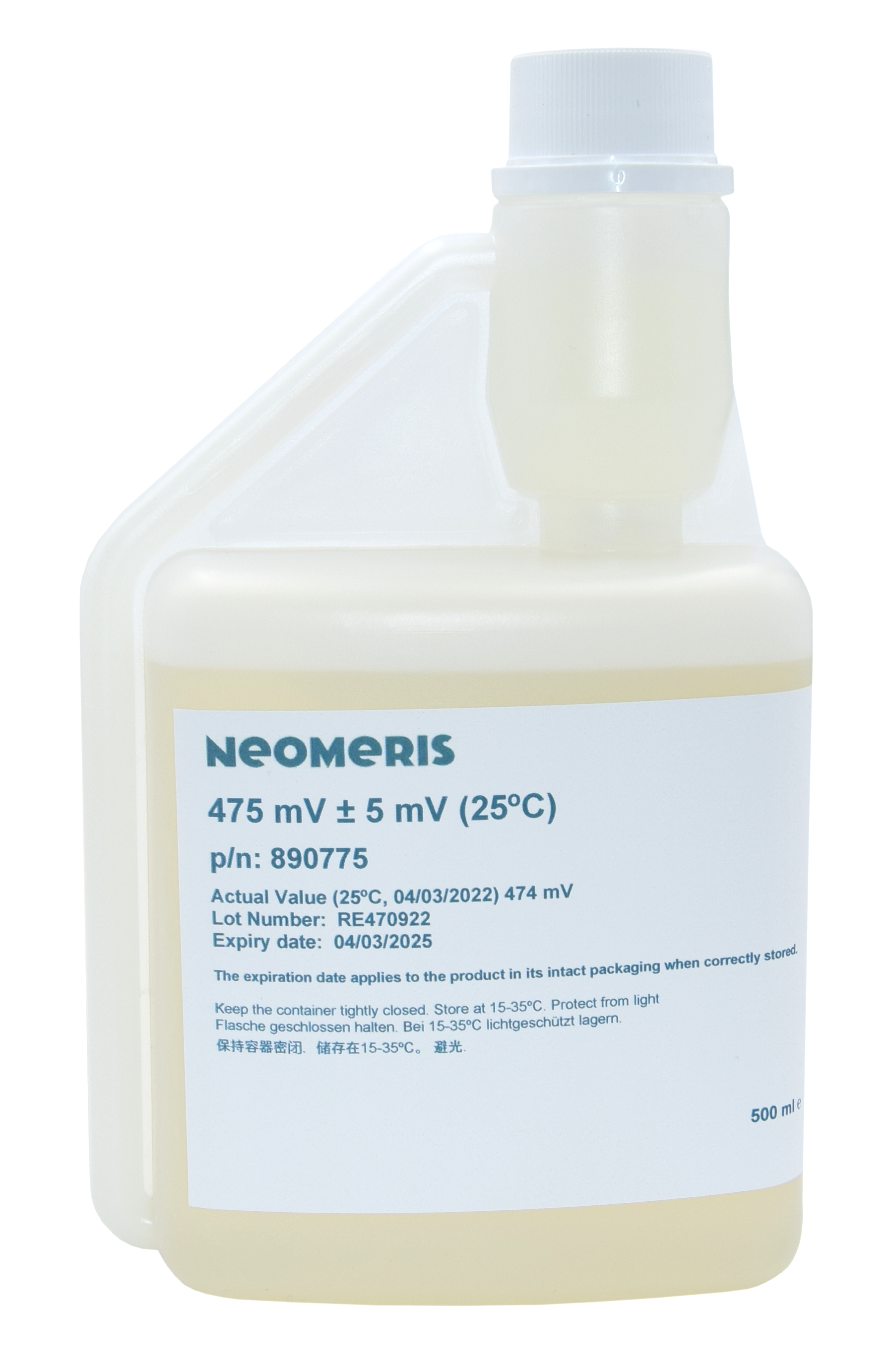 Neomeris Redox-Pufferlösung 475 mV Redox Pufferlösung 475 mV, Frontansicht der 500 ml Flasche mit blassgelber Flüssigkeit und blauem Etiketttext