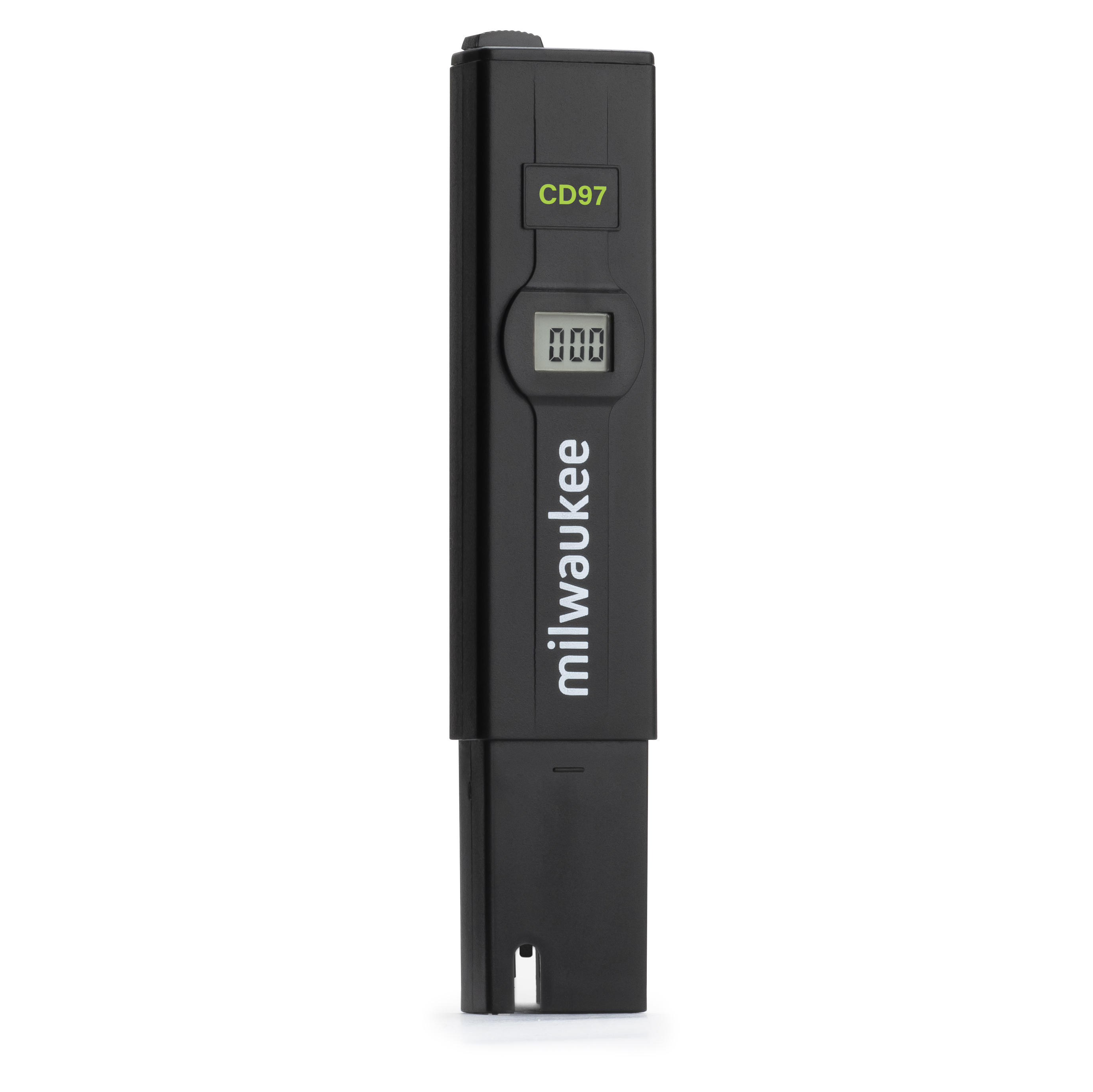 Milwaukee CD97 TDS tester, low-range model for dissolved solids, buttons and ergonomic shape visible, protective cap removed.Milwaukee CD97 TDS Tester niedriger Bereich für gelöste Feststoffe, Knöpfe und ergonomische Form erkennbar, Schutzkappe ist ab