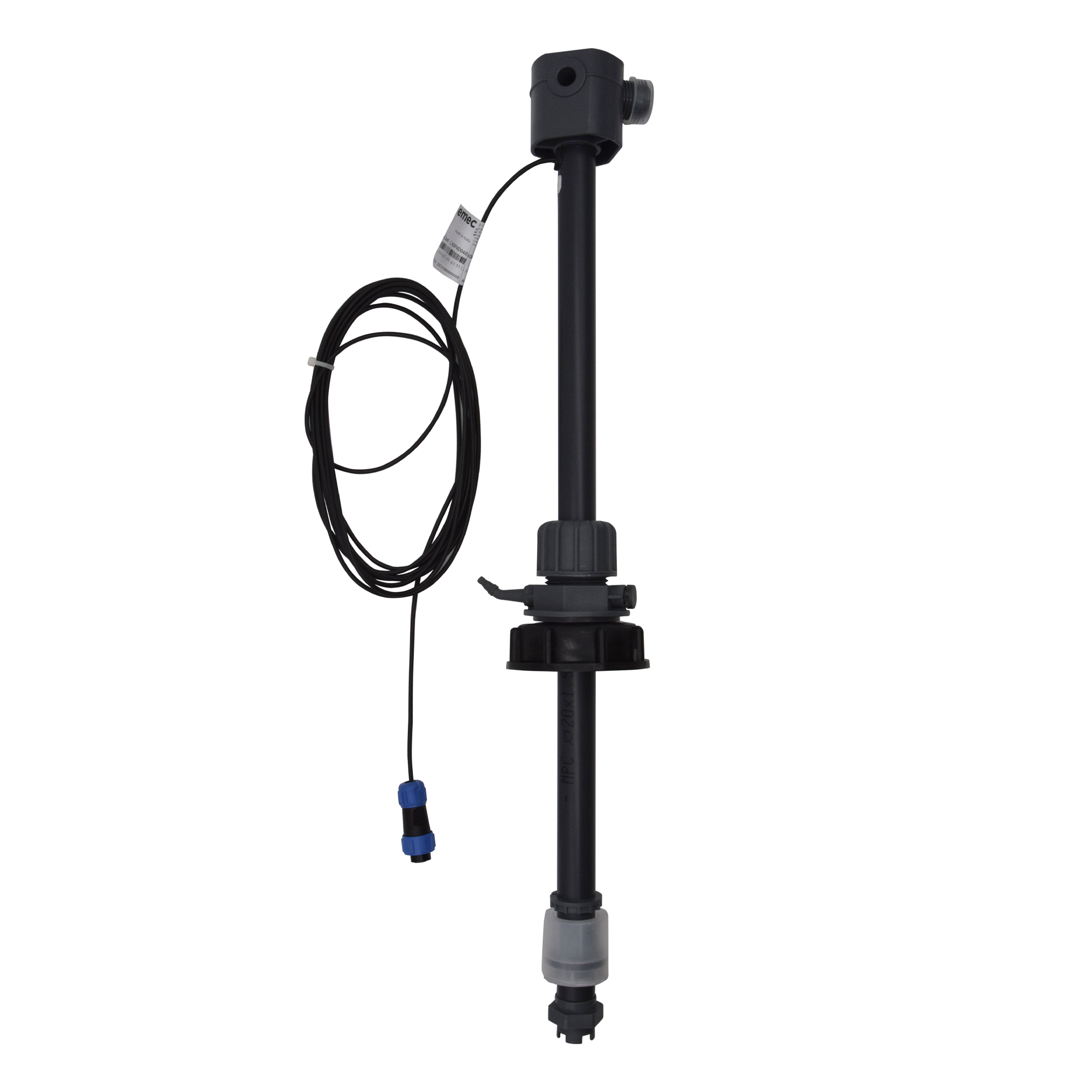 emec LASP4 EPDM suction lance with 40cm immersion length (LASP4) - M12 plug for connection to Prisma pump emec EPDM-Sauglanze mit 40cm Eintauchlänge, Gesamtansicht, Anschluss an Prisma Pumpe, 3,5m Kabel