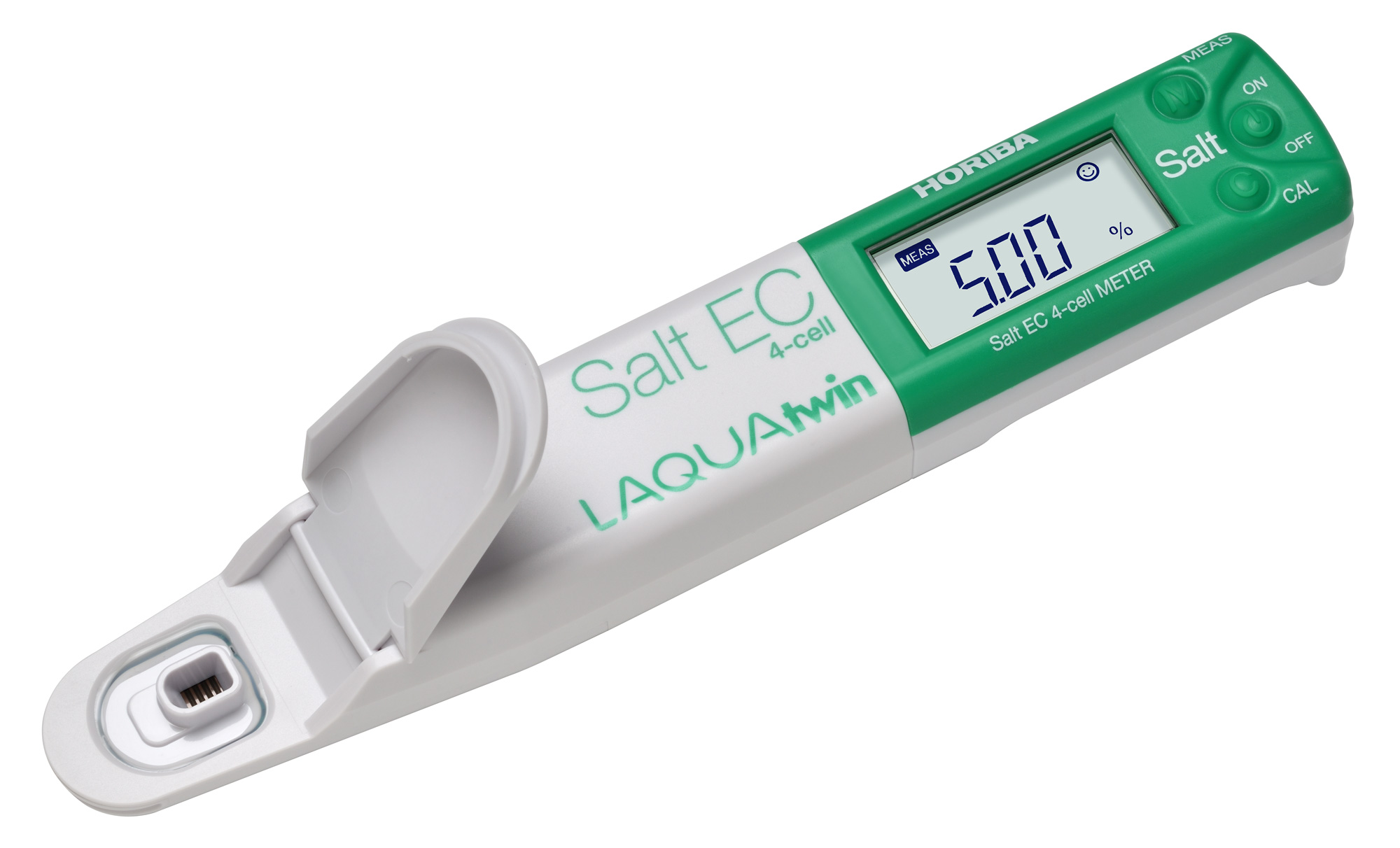 Horiba LAQUAtwin Salt 4ECSalt-11 pocket tester, our item number 896096. The device is positioned at an angle, with a view of the measuring sensor.