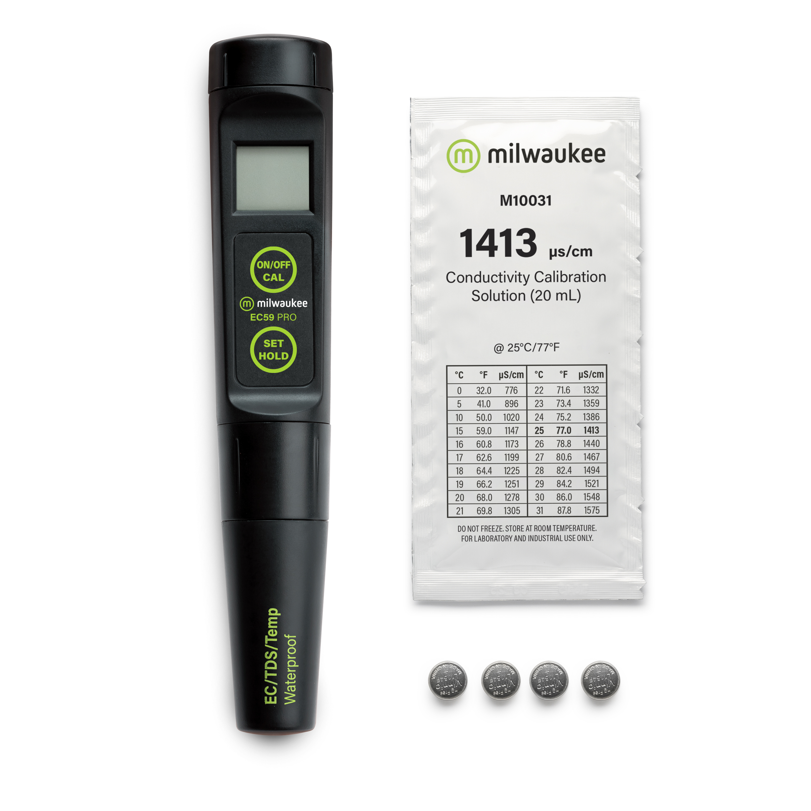 Milwaukee EC59 Komplettansicht, inklusive Sonde und Kalibrierlösung