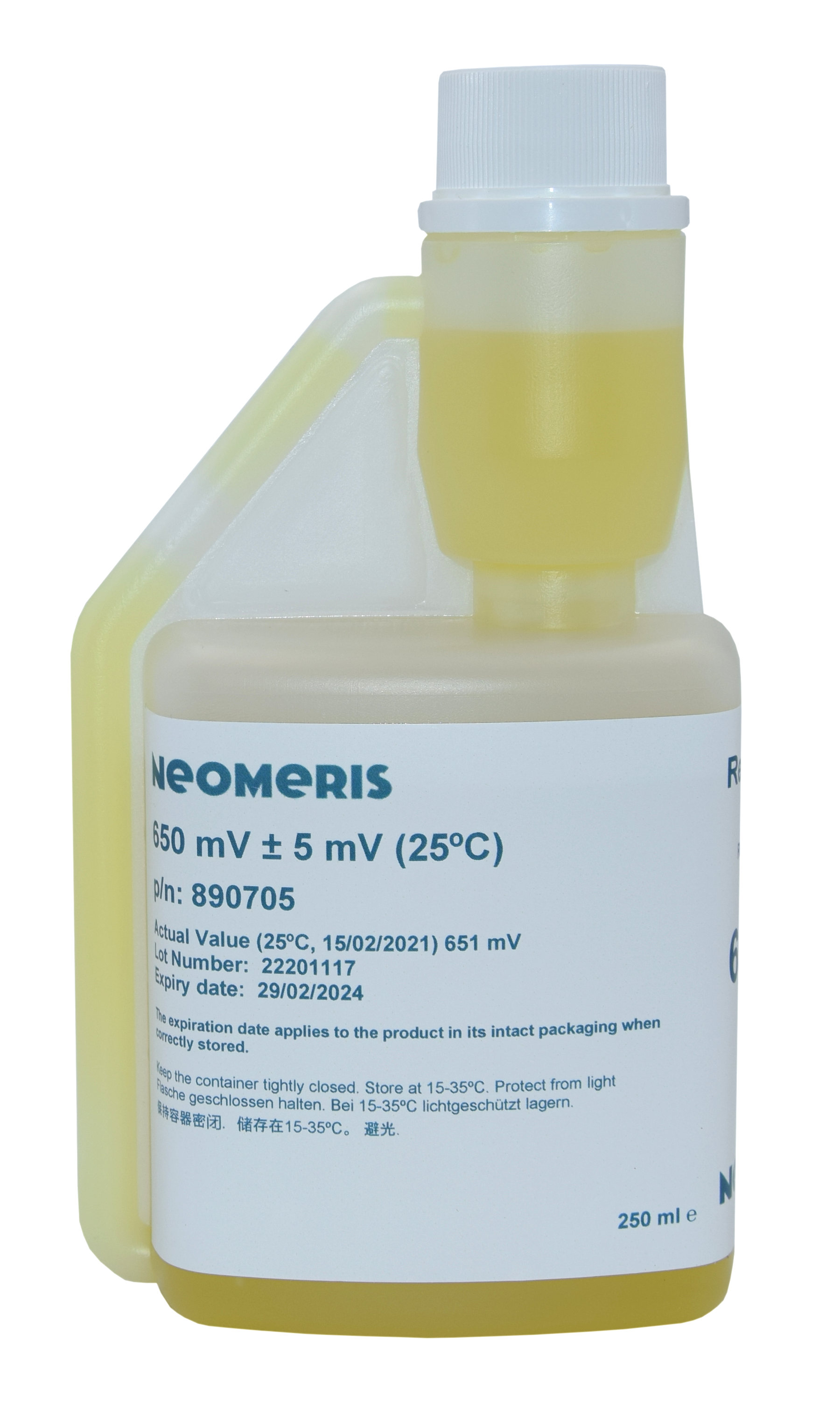 Neomeris Redox-Pufferlösung 650 mV Redox Pufferlösung, Frontansicht der 250 ml Flasche mit rotem Hygieneverschluss, Kalibrierlösung für Redox Elektroden