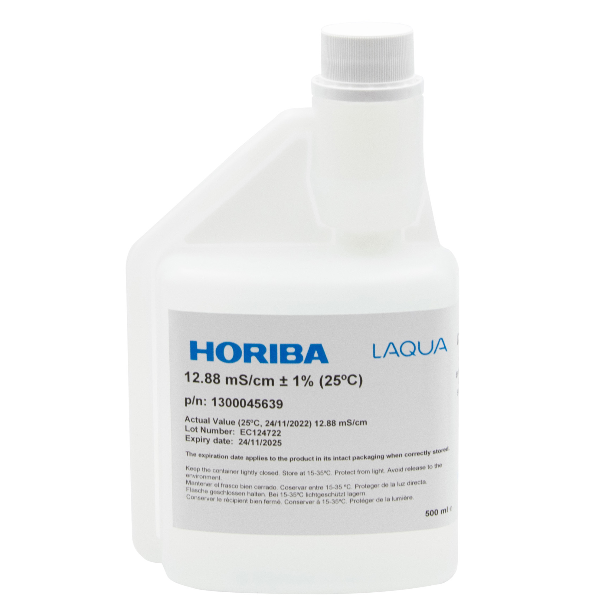 HORIBA 12.88 mS/cm calibration solution 500 ml – bottle with hygiene seal and label.