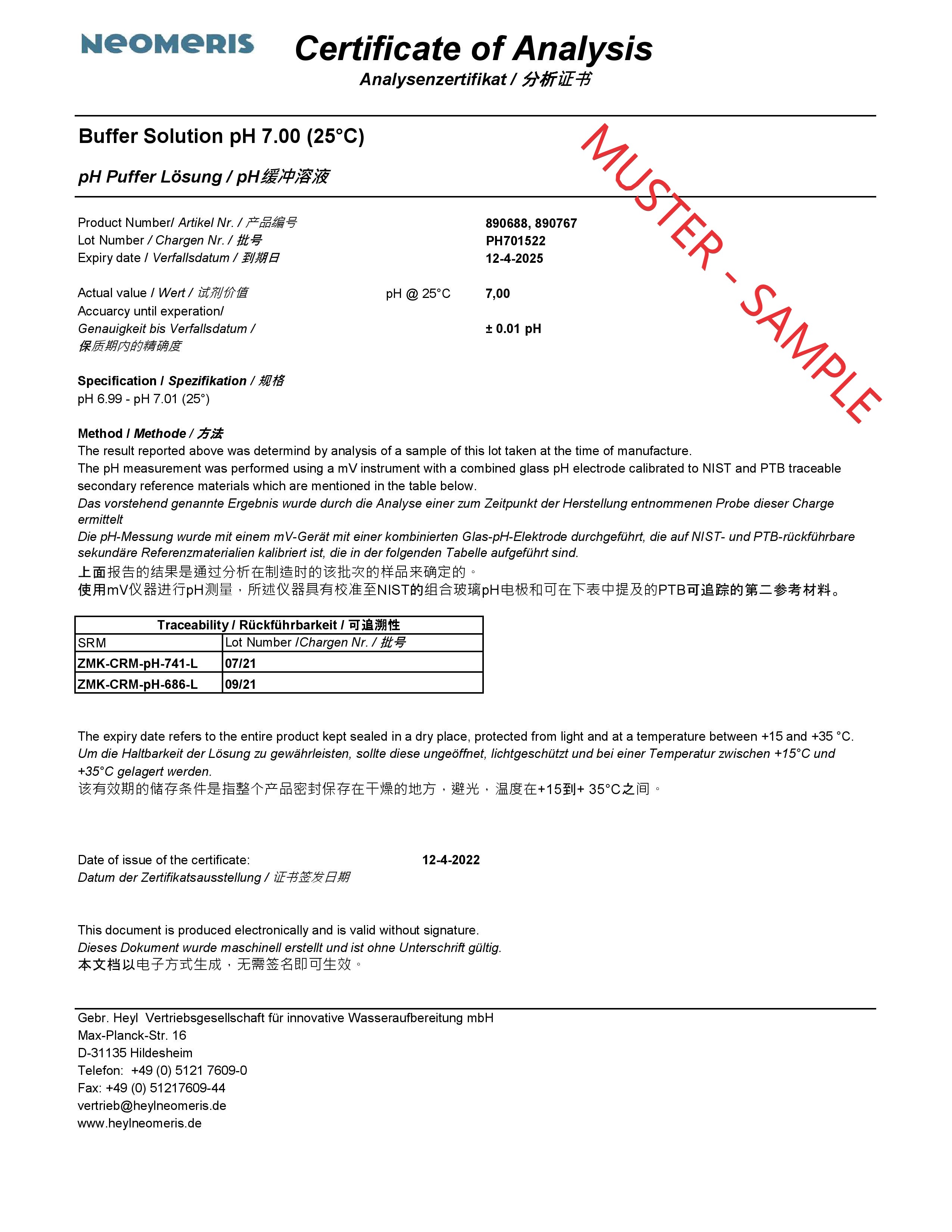 Muster Qualitätsnachweis für 250ml  pH Pufferlösung, geprüft und zertifiziert