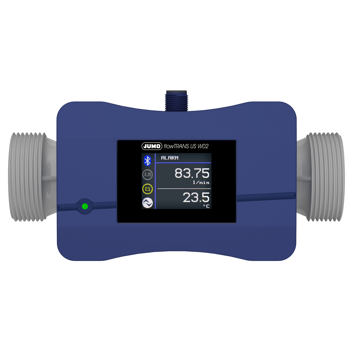 JUMO flowTRANS US W02 Ultraschall-Durchflussmessgerät DN 25 Frontansicht, digitales Display, Bluetooth-Schnittstelle, industriell