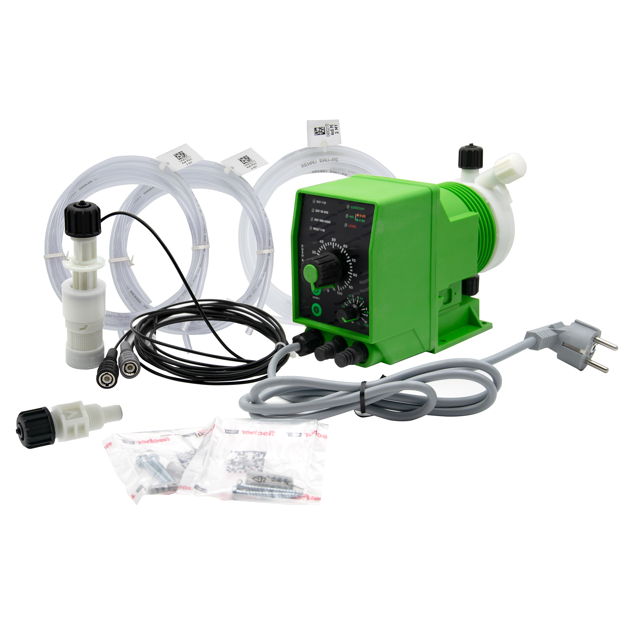 emec K Plus dosing pump with complete accessory package, transparent hoses and foot valve, mounting accessories, and BNC plug cable