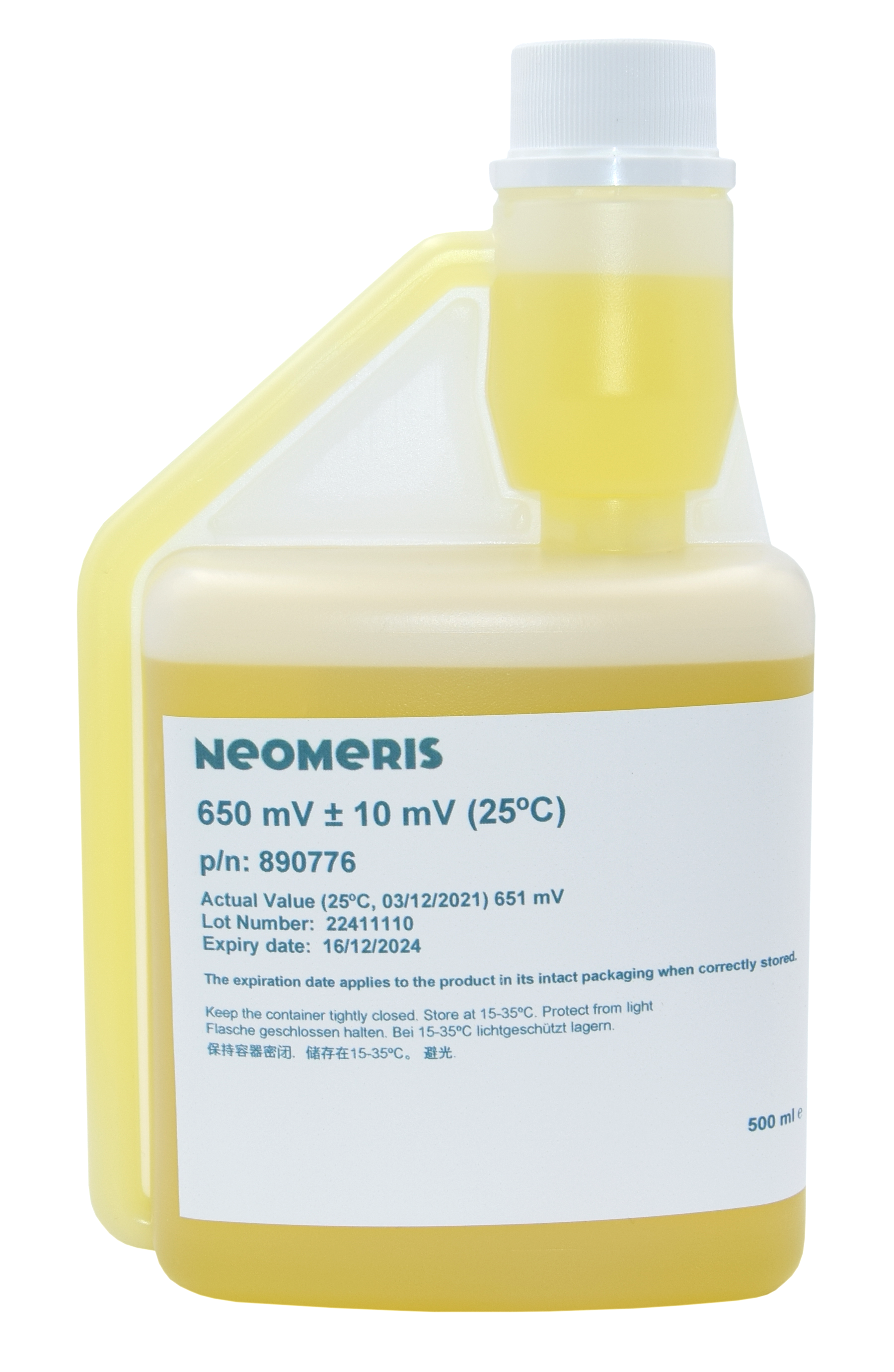 Neomeris Redox-Pufferlösung 650 mV Redox Pufferlösung 650 mV, transparente Flasche mit gelblicher Lösung und blauem Etiketttext