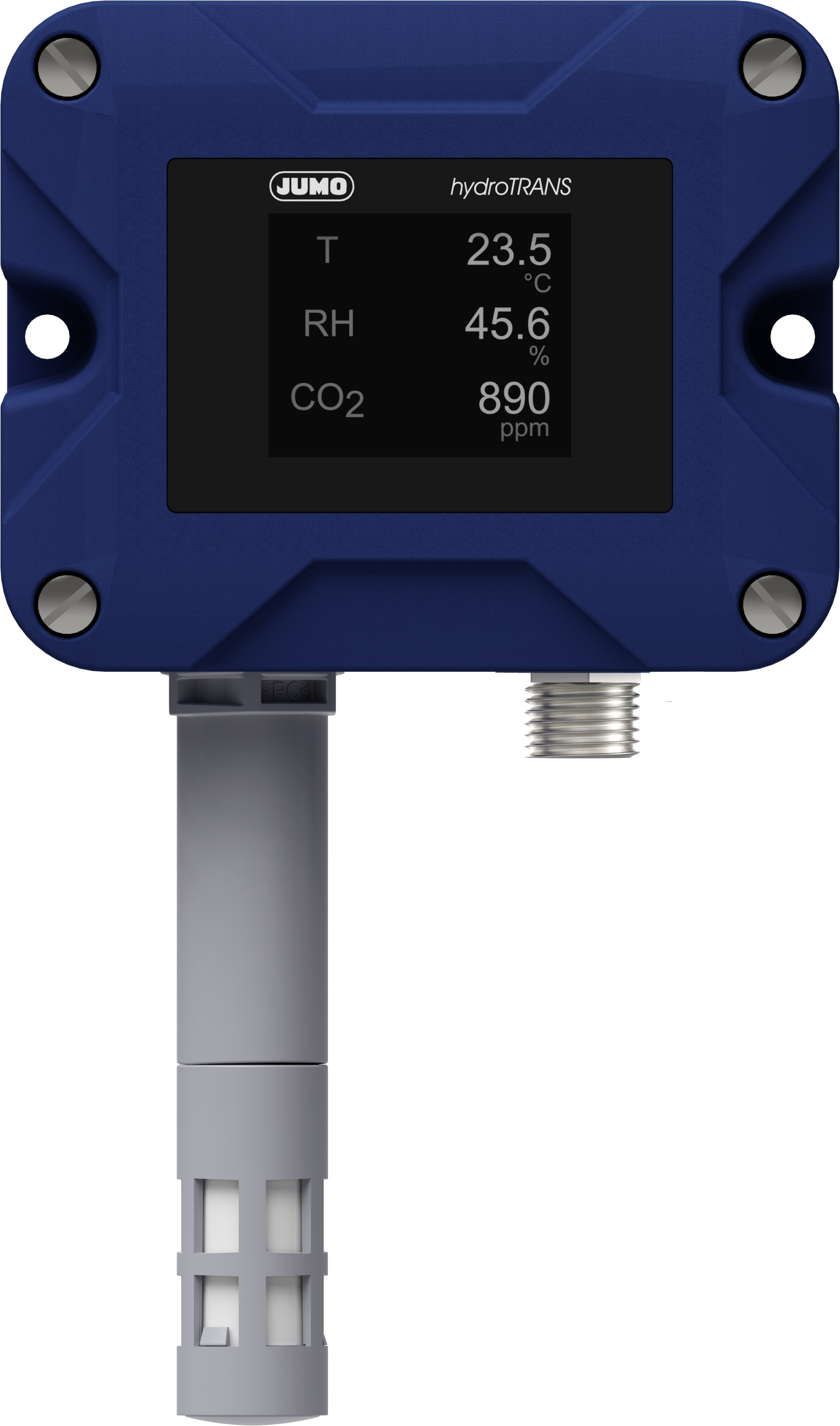 JUMO hydroTRANS S20 Frontalansicht in blauem Gehäuse mit Display und Sensorstutzen