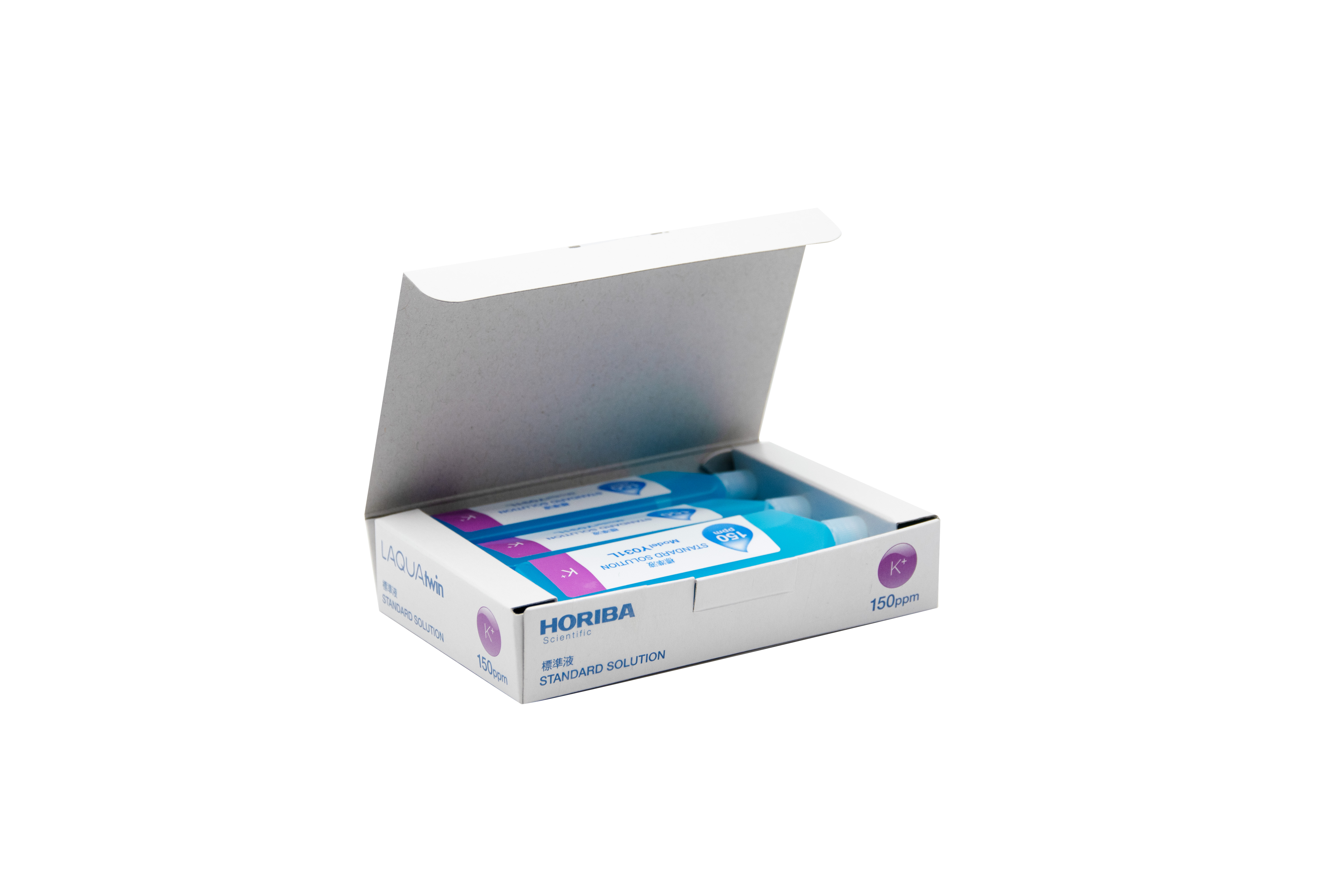 Kalium Ionen Standardlösung 150ppm von HORIBA, geöffnete Verpackung mit vollen 6 Flaschen