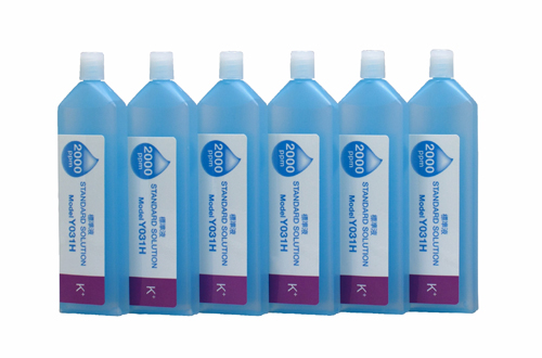 Horiba 2000ppm Potassium Ion Standard Solution (Y031H), six bottles arranged side by side
