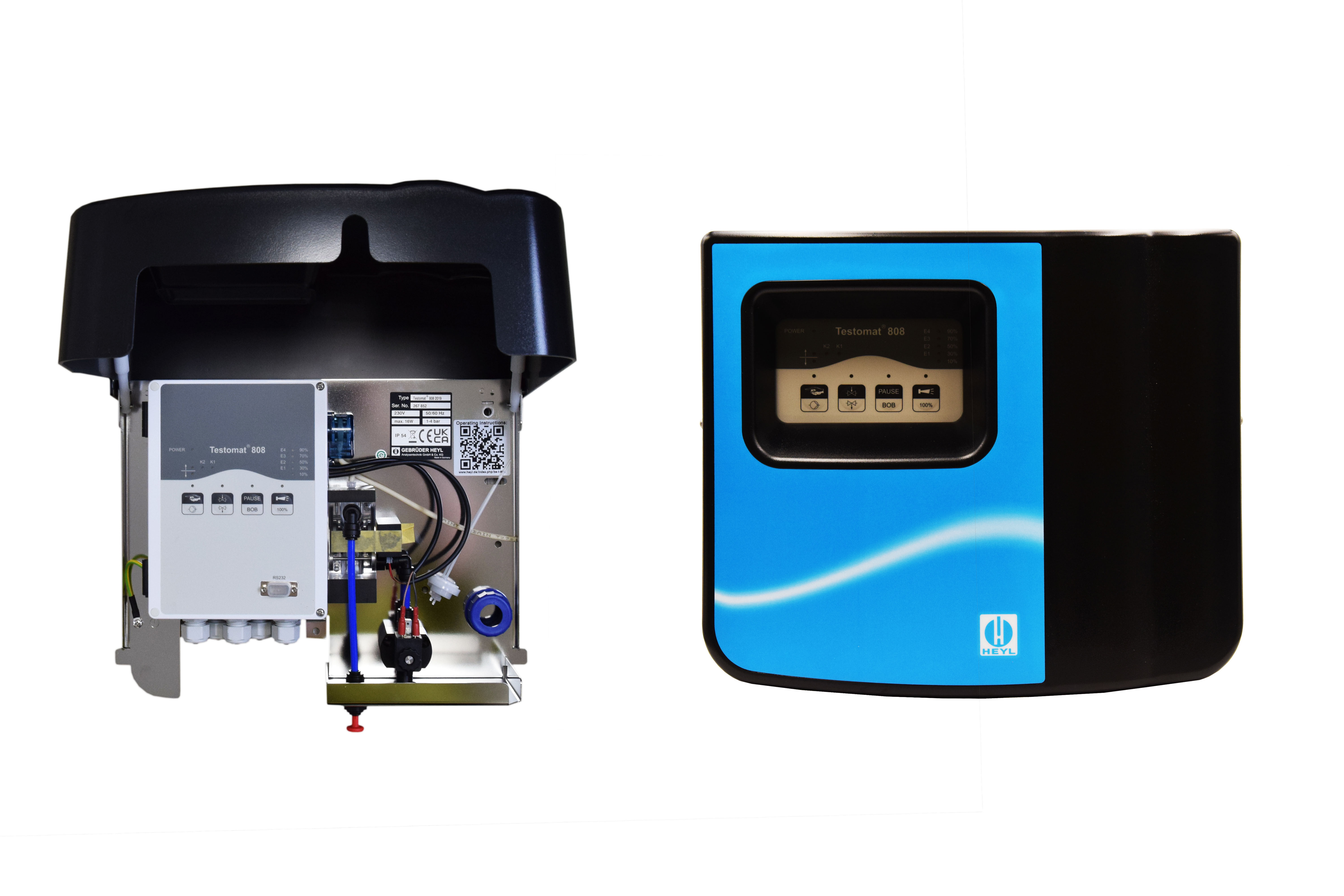 Testomat 808, Vorder- und Rückansicht mit Gehäuse und Anschlüssen, LED-Anzeige sichtbar, Wasserhärtemessgerät, (D) 230 V/50-60 Hz 0,3 - 1 bar