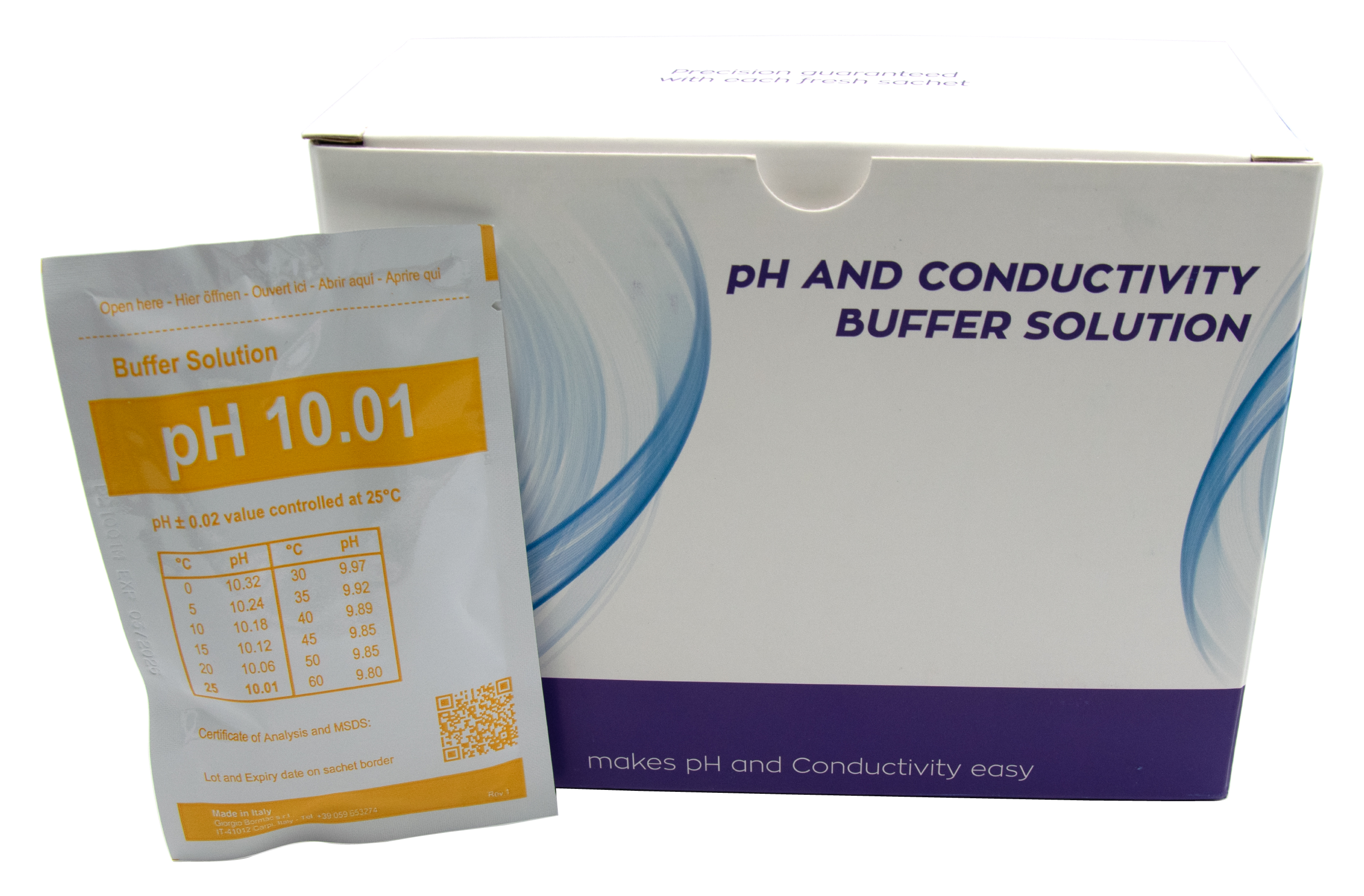 XS BASIC pH 10.01 Kalibrierpuffer, einzelne 25 ml Tüte sichtbar, Set mit 20, farblos, zertifiziert