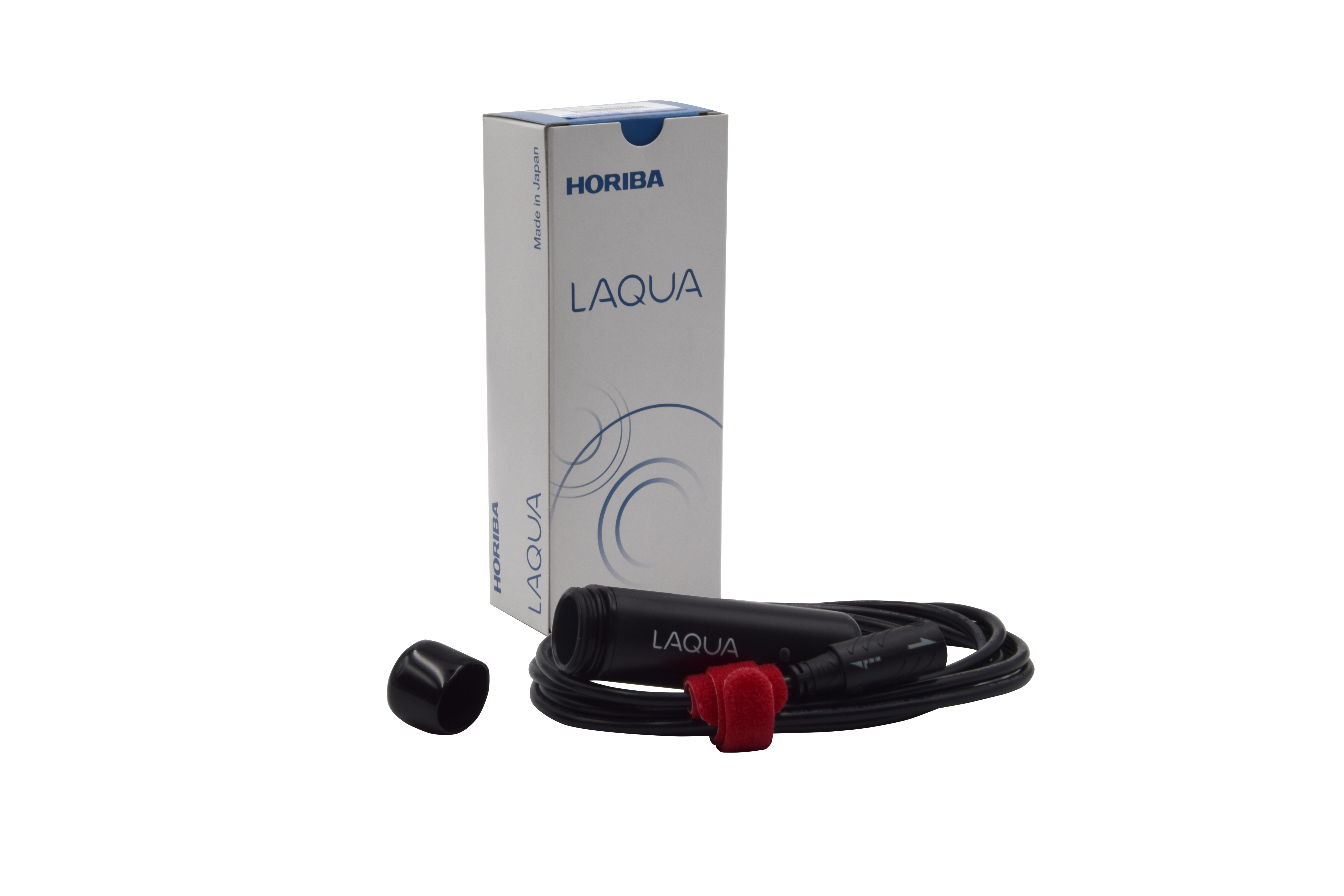 Horiba LAQUA 300‑C‑2 Kabel seitlich mit Sensorkopf, Verpackung im Hintergrund sichtbar