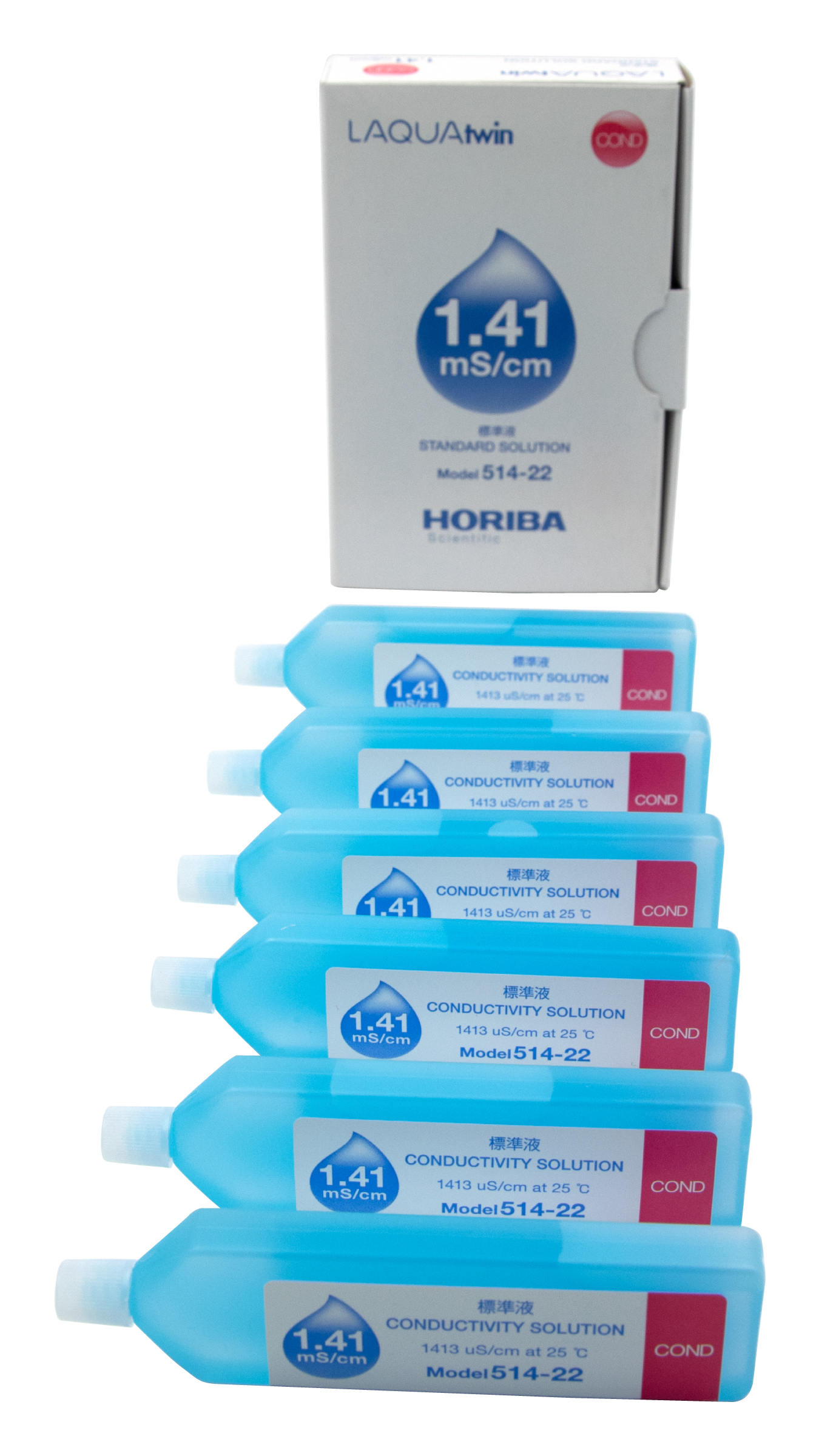 Horiba 1413 μS/cm conductivity standard solution, six bottles side by side in front of closed packaging, calibration solution for water