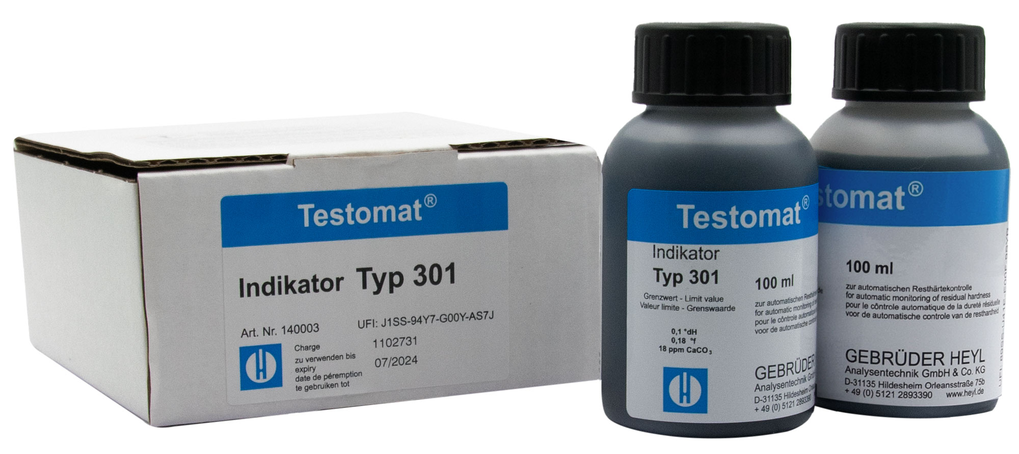 Testomat 808 Indicator 301, two 100 ml bottles with accompanying packaging View, analyser accessories