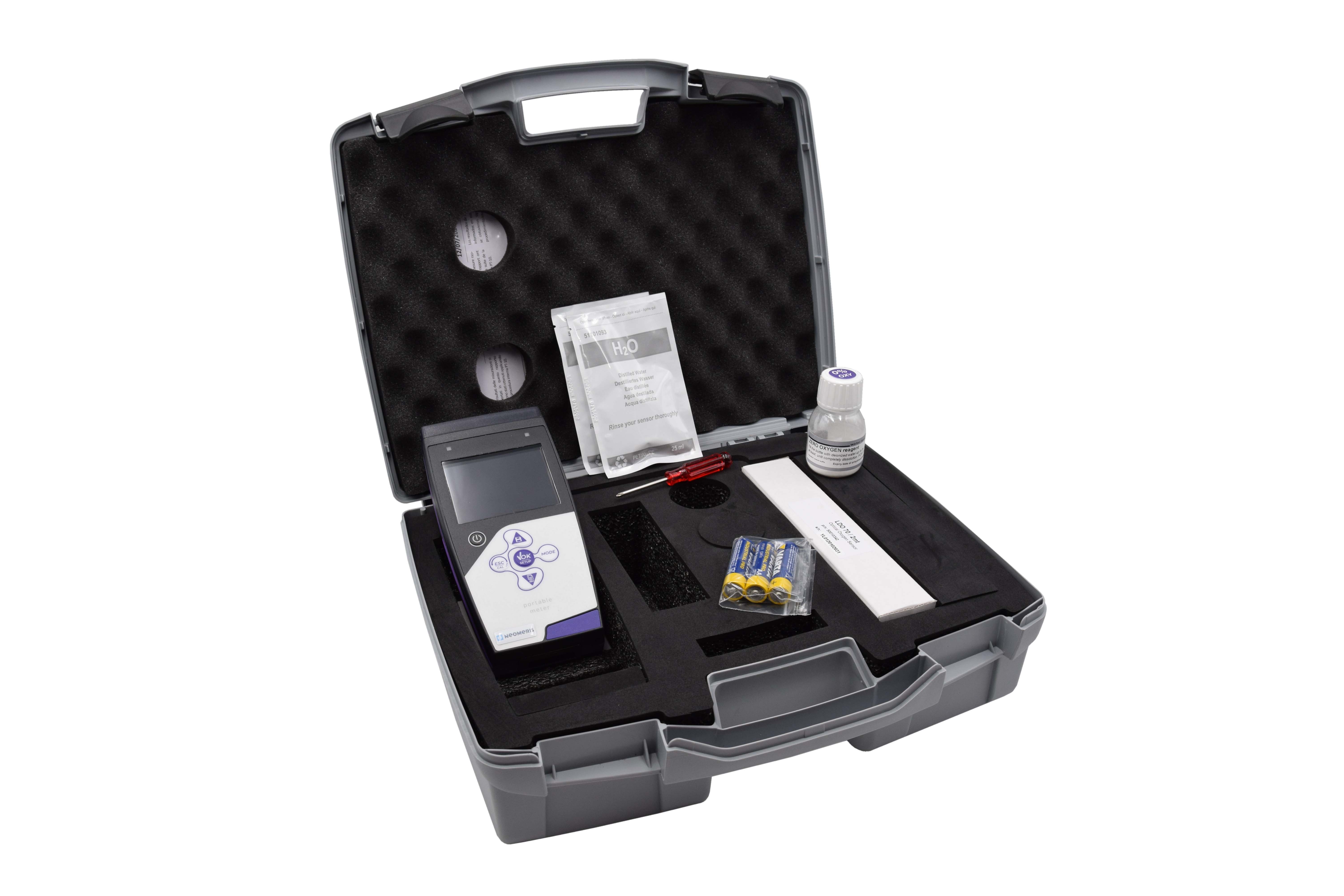 Professional gelöster Sauerstoff/O2 Sättigung/barometrischer Druck/Temperatur Handmessgerät im Koffer inkl. Elektrode Professional gelöster Sauerstoff/O2 Sättigung/barometrischer Druck/Temperatur Handmessgerät im Koffer inklusive Elektrode, Koffer geöffnet