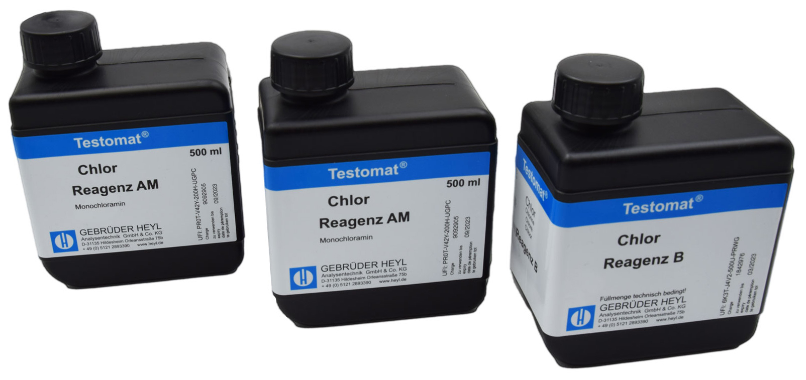 Testomat Chlor Reagenzsatz M (Monochloramin) Testomat Chlor Reagenzsatz M Monochloramin, 3 Flaschen mit deutlich lesbarem Produktnamen