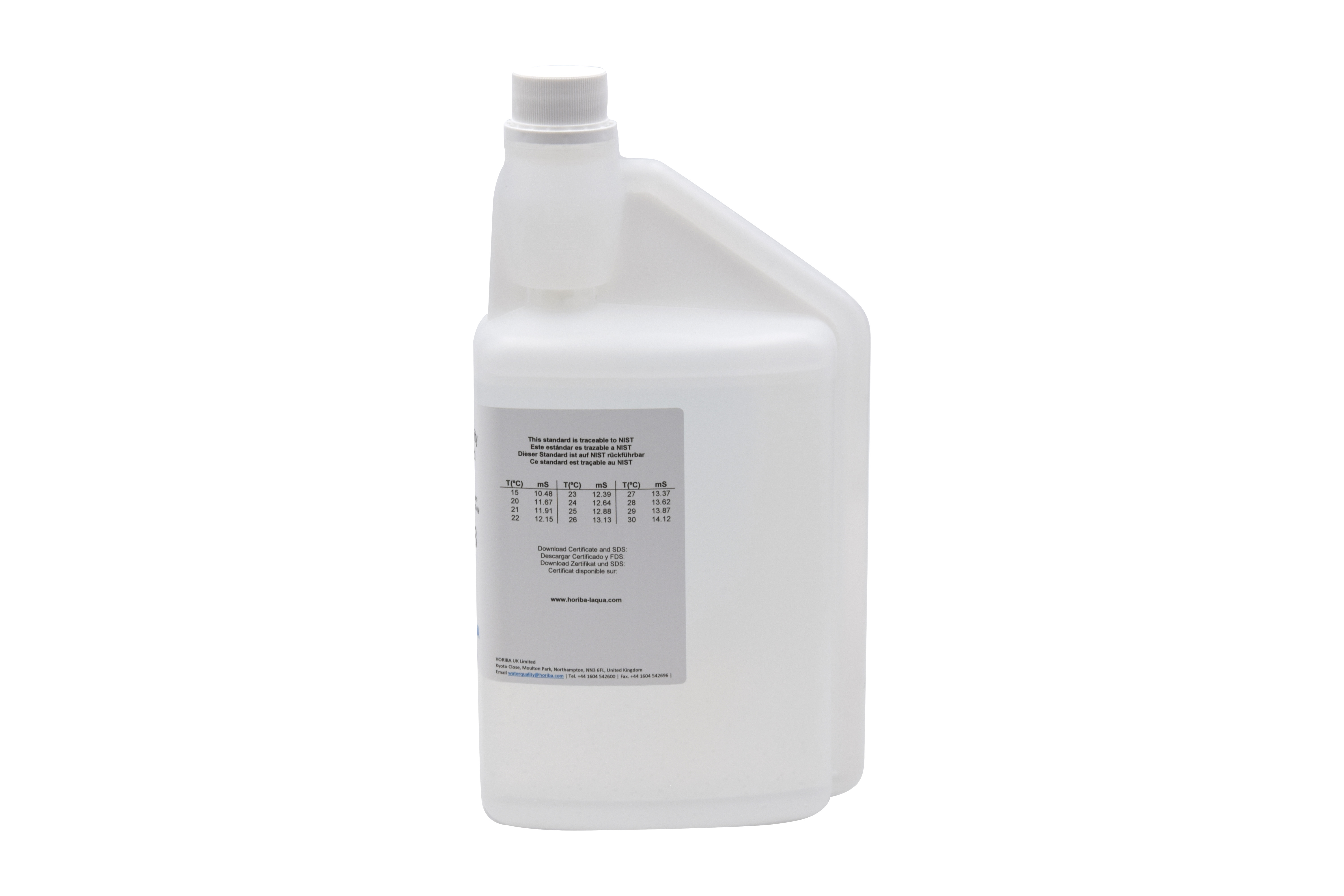 HORIBA 12.88 mS/cm conductivity calibration solution 1000 ml bottle rear view with detailed close-up.