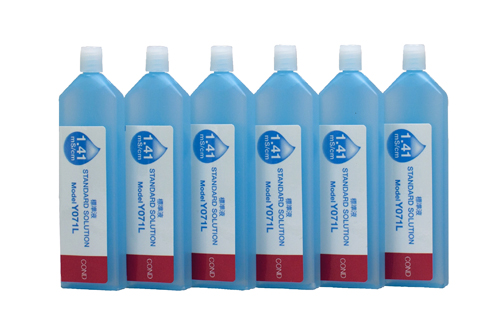 Horiba 1413 μS/cm conductivity standard solution, 6 bottles front view, 14 ml calibration solution, pocket tester accessory, water quality calibration solution, compact pack