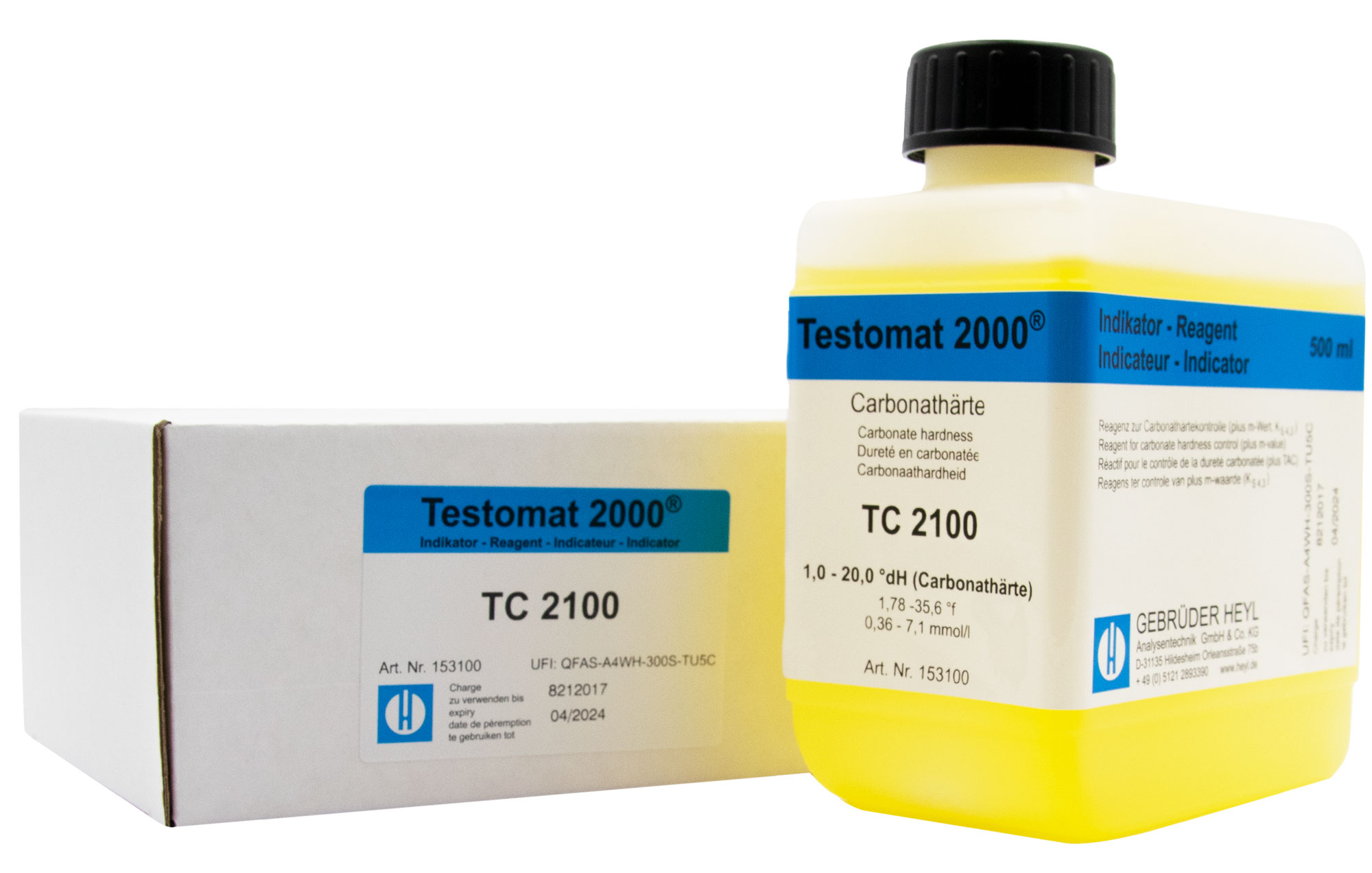 Testomat® Indikator TC2100 500ml Testomat® Indikator TC2100 500ml, Halblinksansicht mit verschraubtem Deckel, TH-Testlösung