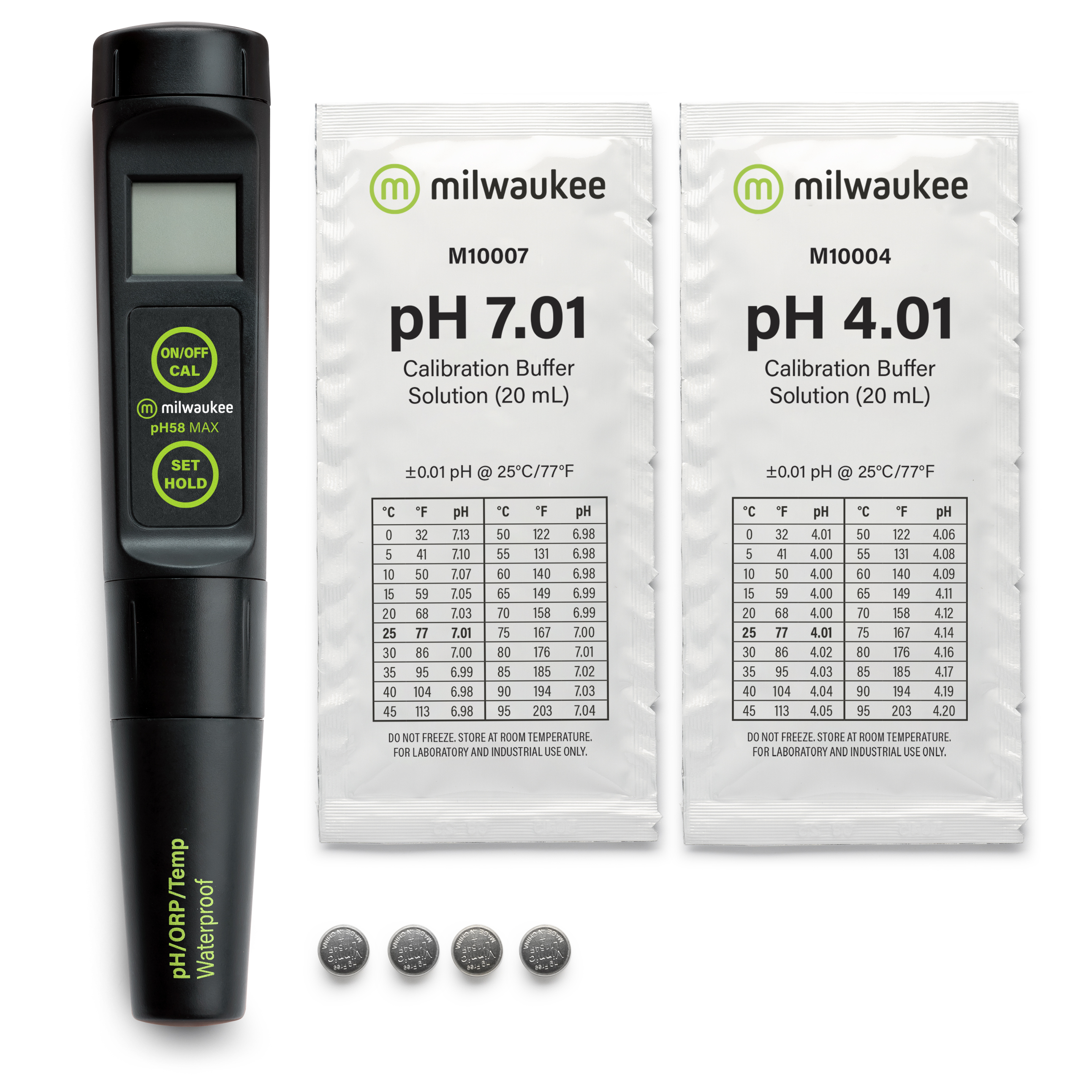 Milwaukee PH58 pH‑Redox‑Messgerät mit zwei Kalibrierlösungen, Komplettset abgebildet