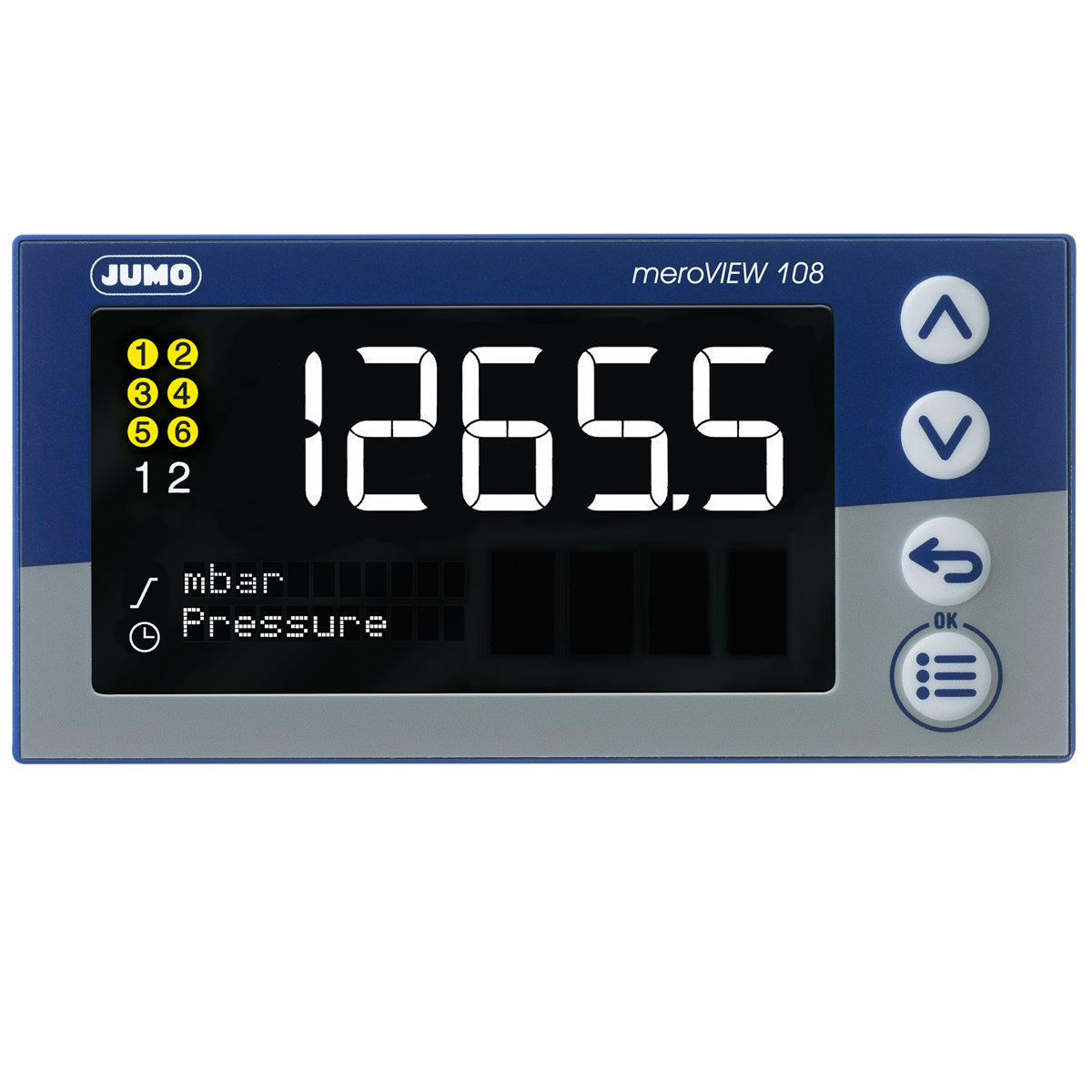 JUMO meroVIEW 108Q, Frontansicht mit zwei 18-Segment-LCD-Anzeigen, Folientastatur,Spannungsversorgung: AC / DC 24 V +10 / -15 %, 48 bis 63 Hz