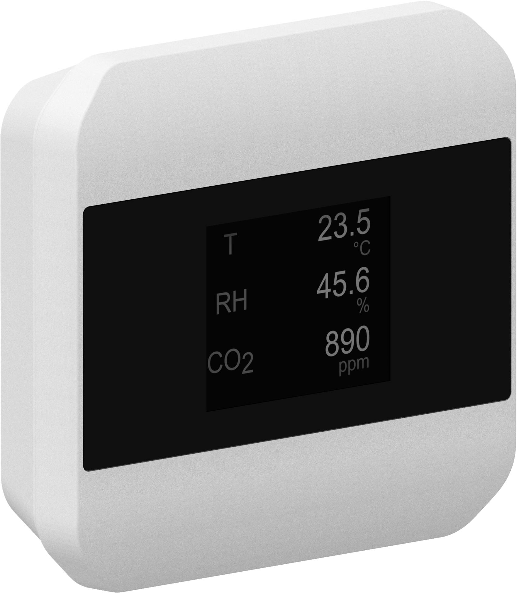 JUMO hydroTRANS S20 perspektivische Ansicht, Gehäuse mit Display und Sensoröffnung, Feuchte‑ und Temperatur‑Messumformer