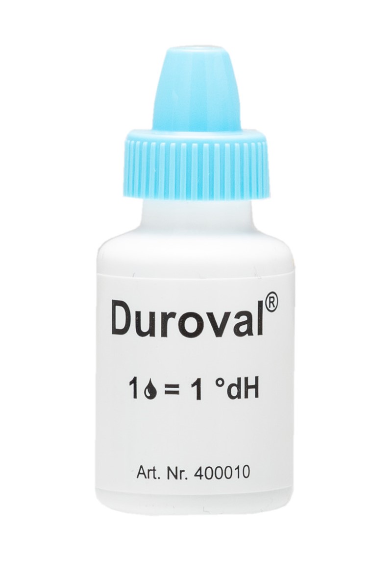 DUROVAL 1 Tropfen = 1 °dH Titrations-Test, geöffnete Packung mit Messröhrchen und Deckel, 50 Stück