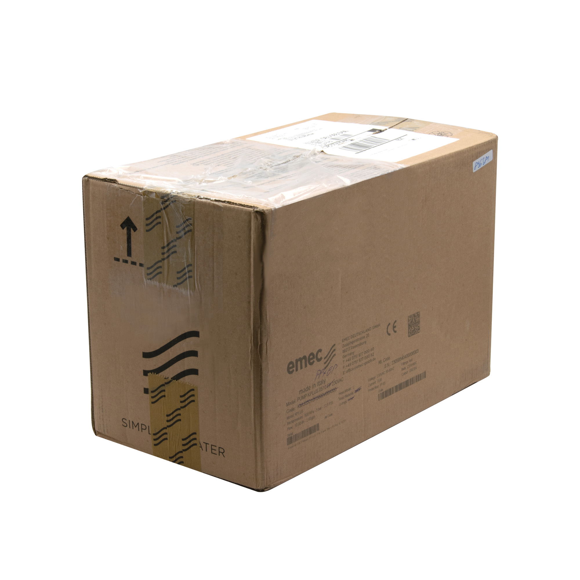 emec K Plus dosing pump packaging, shipping carton with protective packaging