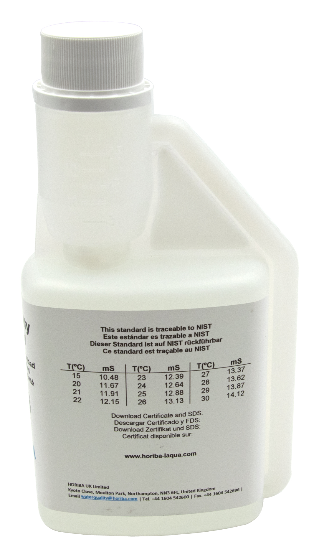 HORIBA 12.88 mS/cm conductivity calibration solution 250 ml back side with pH values on the label.