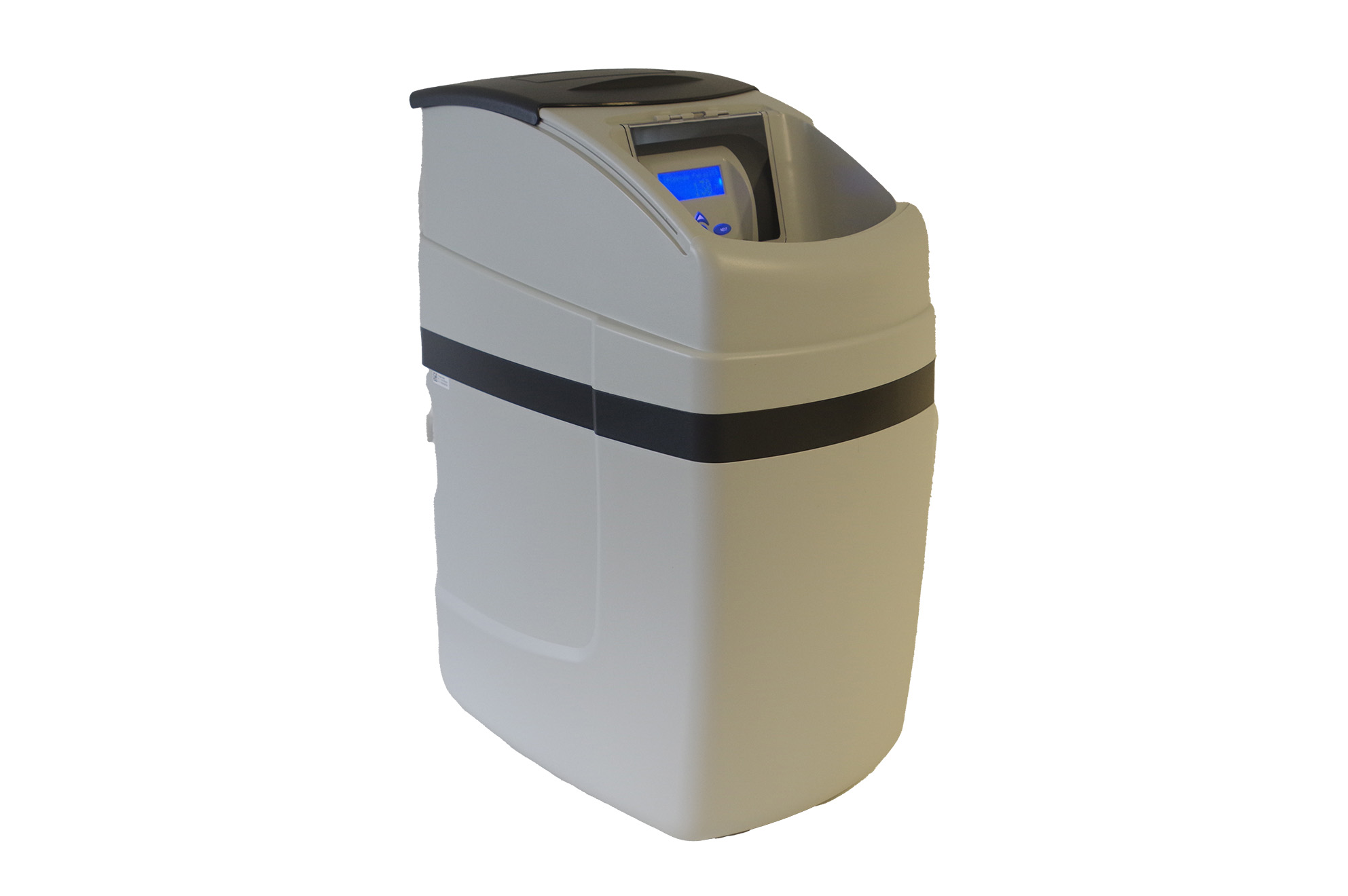 Seitliche Ansicht der Kabinettenthärtungsanlage mit Gehäuse und Bildschirm sichtbar