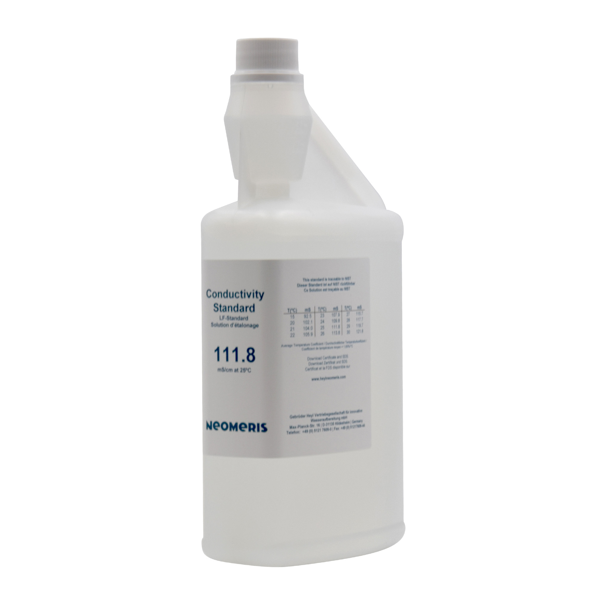 Neomeris Leitfähigkeitskalibrierlösung Neomeris Kalibrierlösung 111.8 mS, Frontansicht Flasche mit Aufkleber und Verschluss
