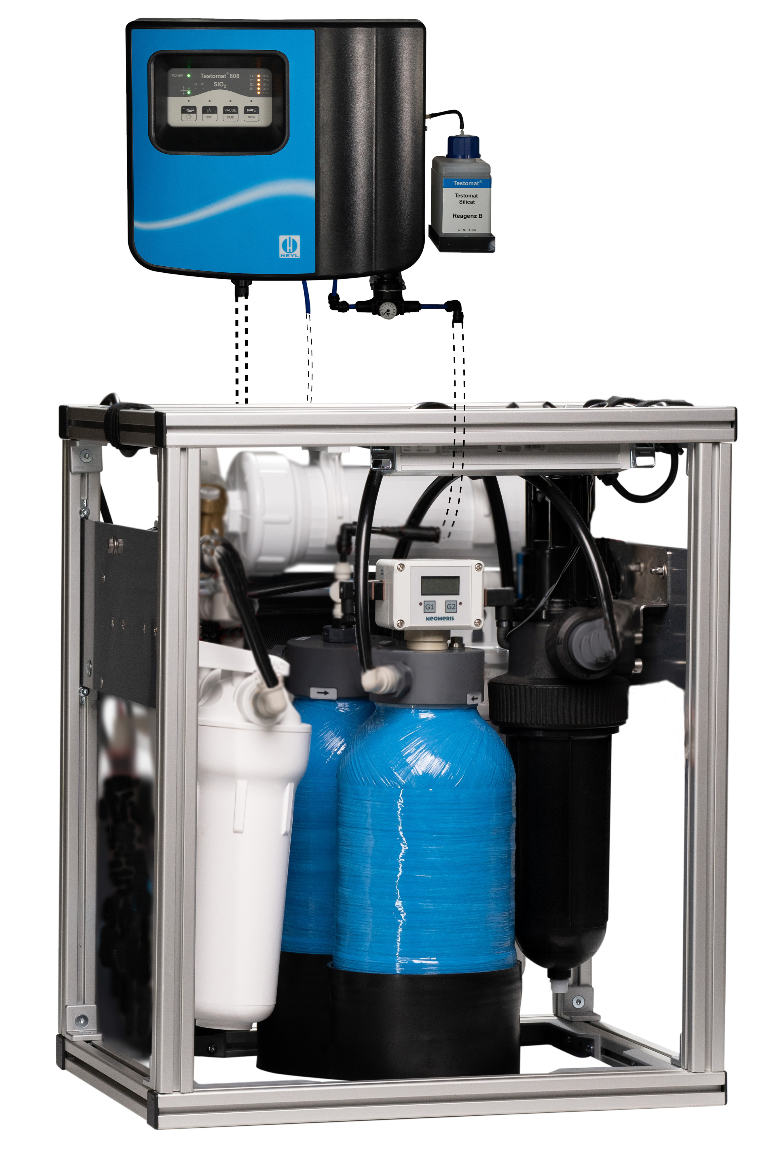 NeoPureMini Multi-stage diluate under-sink system mounted on a frame ready for connection