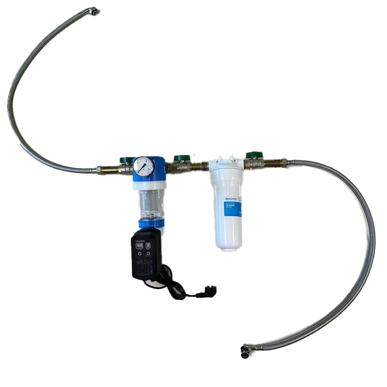 Die Vorfilterstufe Standardausfuehrung für Untertischanlage ist eine Filtereinheit, die aus einem Vorfilter mit Rückspülung und einem Aktivkohlefilter besteht. Rückspülintervall ist programmierbar
