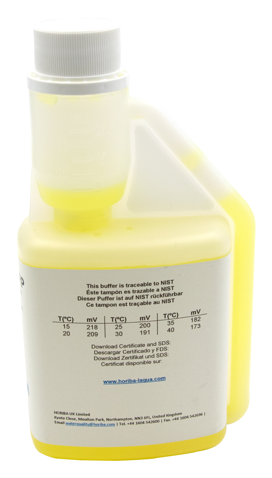 HORIBA Redox 200 mV buffer solution, back side, pH and temperature values clearly readable, hygienic bottle