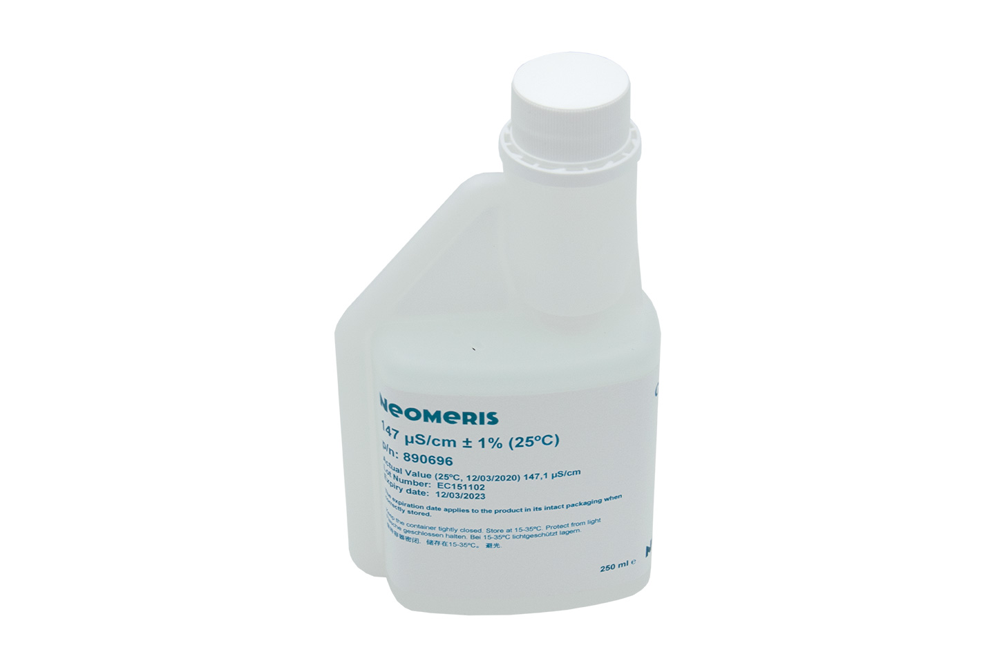Neomeris Leitfähigkeitskalibrierlösung Leitfähigkeitskalibrierlösung, Frontansicht der weißen Kunststoffflasche mit blauem Etikett, 250 ml Volumen, Hygieneverschluss gegen Verunreinigung, Kalibrierlösung für Elektroden