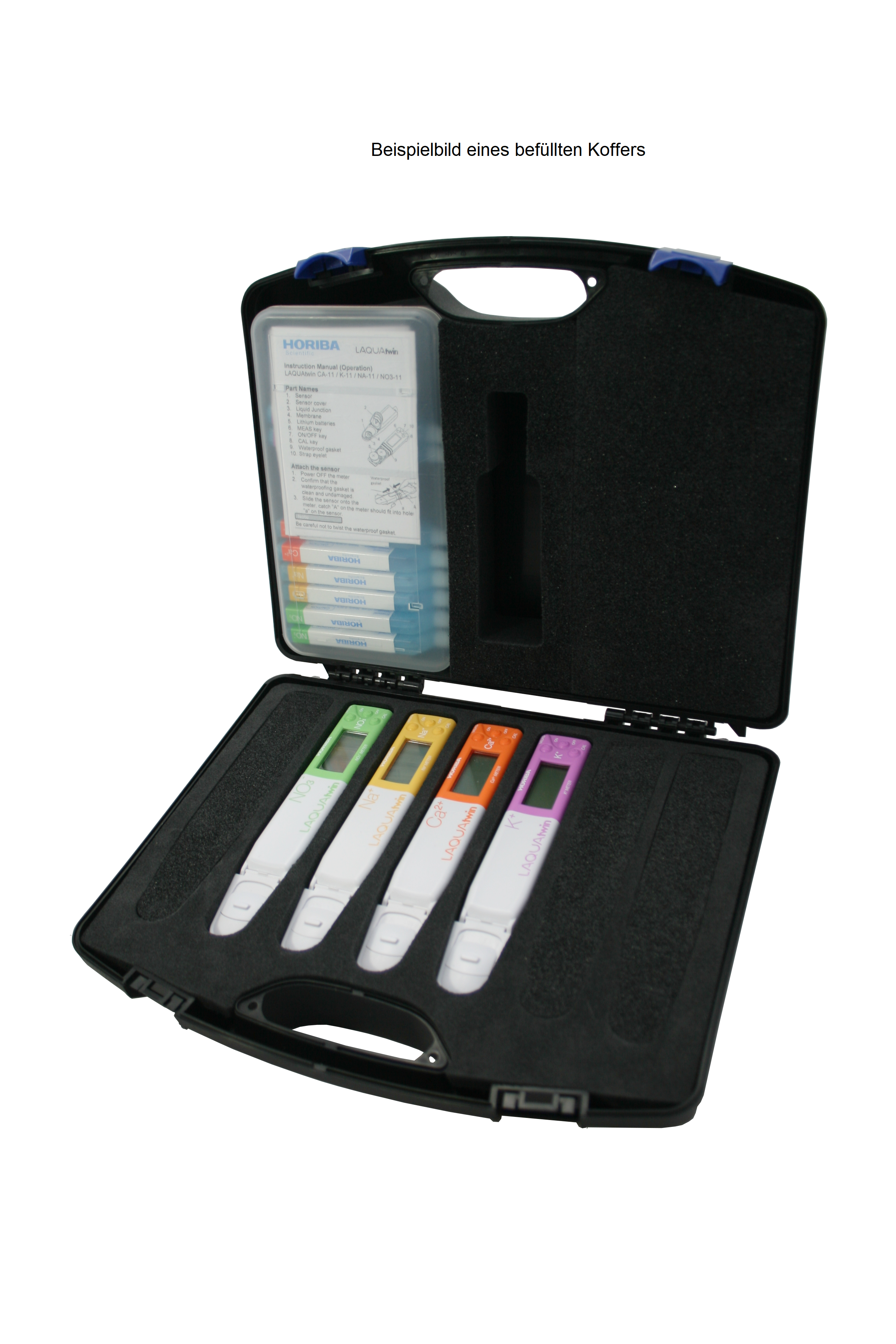 Horiba LAQUAtwin carrying case interior view with foam insert, case open, space for seven tests