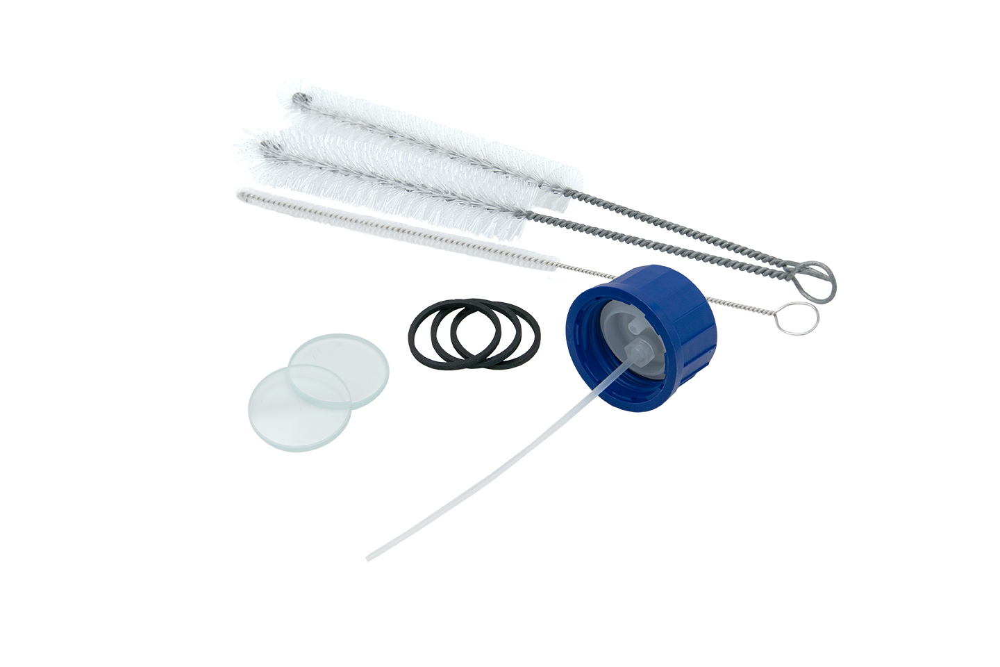 Annual service kit Professional for the Testomat 808, including sight glasses, flat seals, insert for screw cap and suction tube, 500 ml bottle and a cleaning brush set