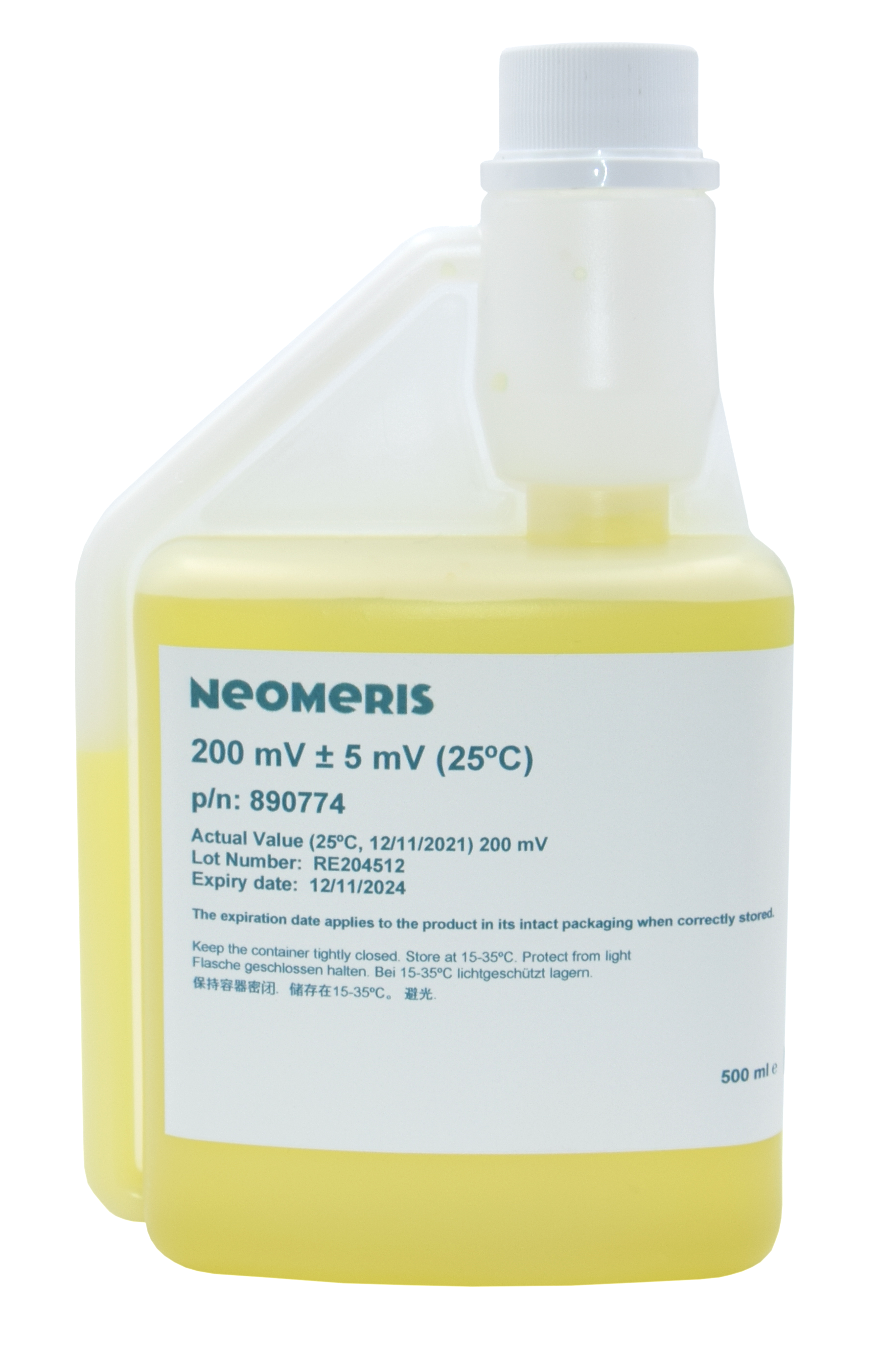Neomeris Redox-Pufferlösung 200 mV Redox Pufferlösung 200 mV, transparente 500 ml Flasche mit gelber Flüssigkeit und blauem Etiketttext