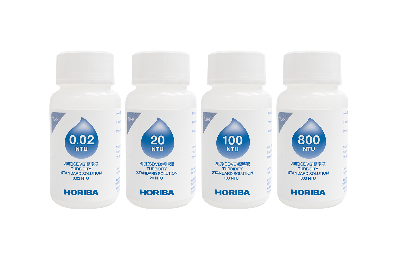 Horiba 550-TBP-4 Turbidity Calibration Solution Set (0.02, 20, 100 and 800 NTU), 50 ml each Artikel 896081 Horiba 550-TBP-4 Trübungs Kalibrierlösungsset (0,02; 20; 100 und 800 NTU), jeweils 50 ml Flaschen