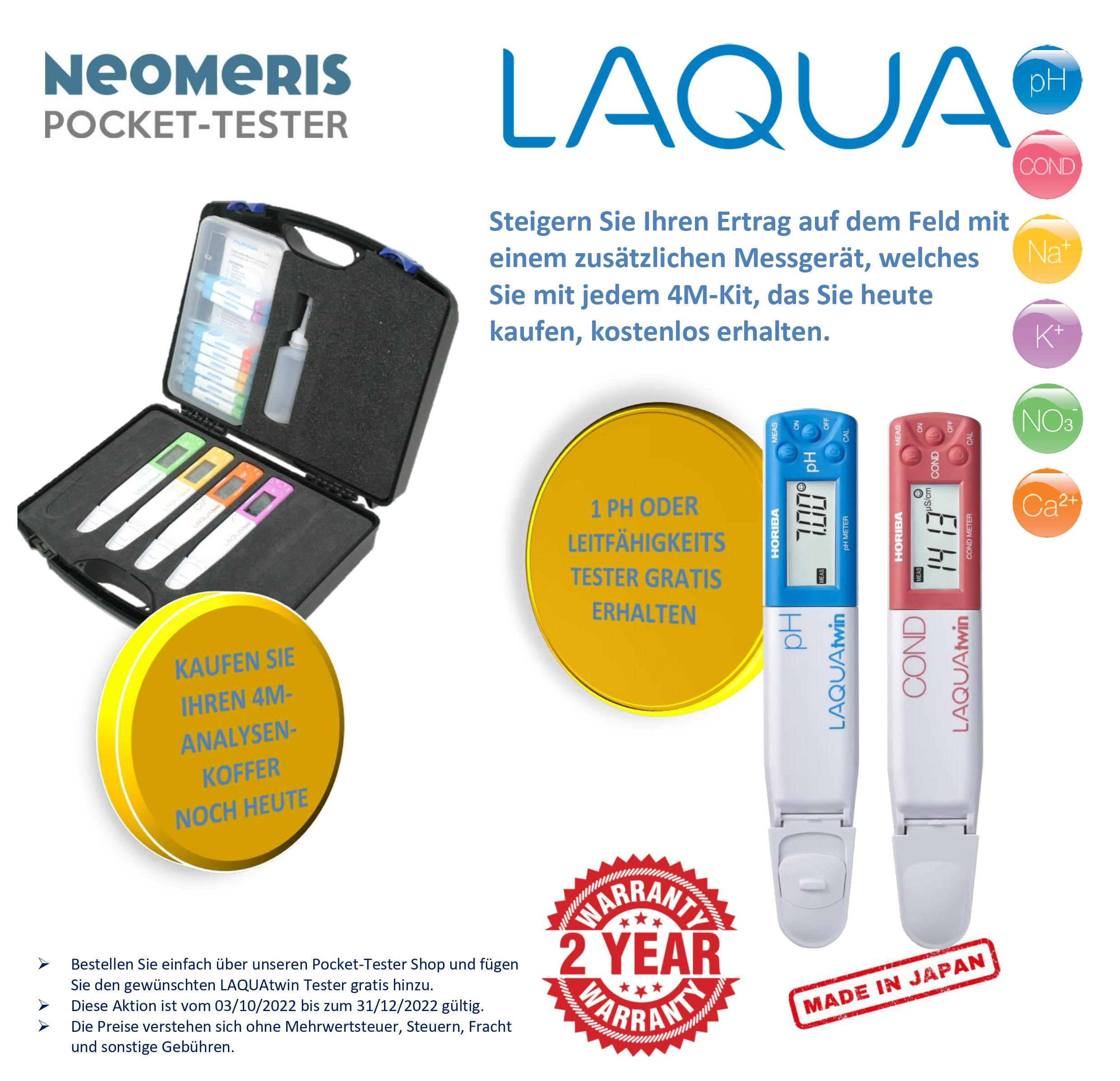 Steigern Sie Ihren Ertrag auf dem Feld mit dem Horiba 4M LAQUAtwin Kit mit Natrium-, Kalium-, Nitrat- und Calcium-Ionen Tester. Produkt abgebildet.