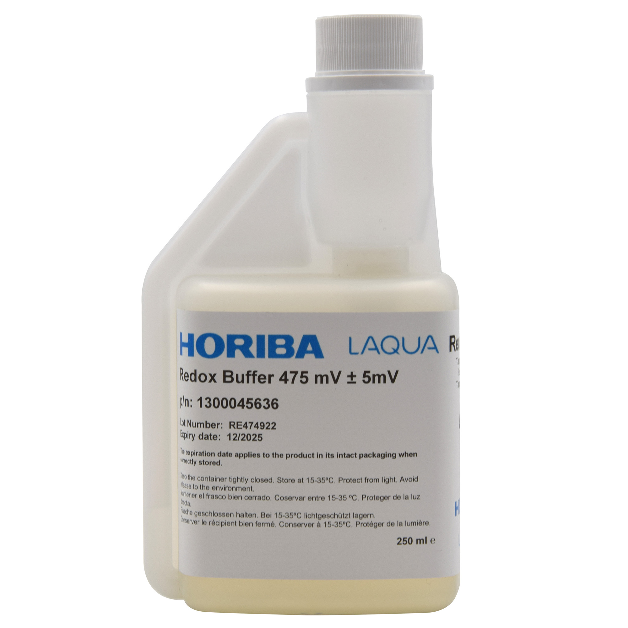 HORIBA Redox 475mV buffer solution bottle, front view, 250ml, blue label, calibration solution for ORP electrodes