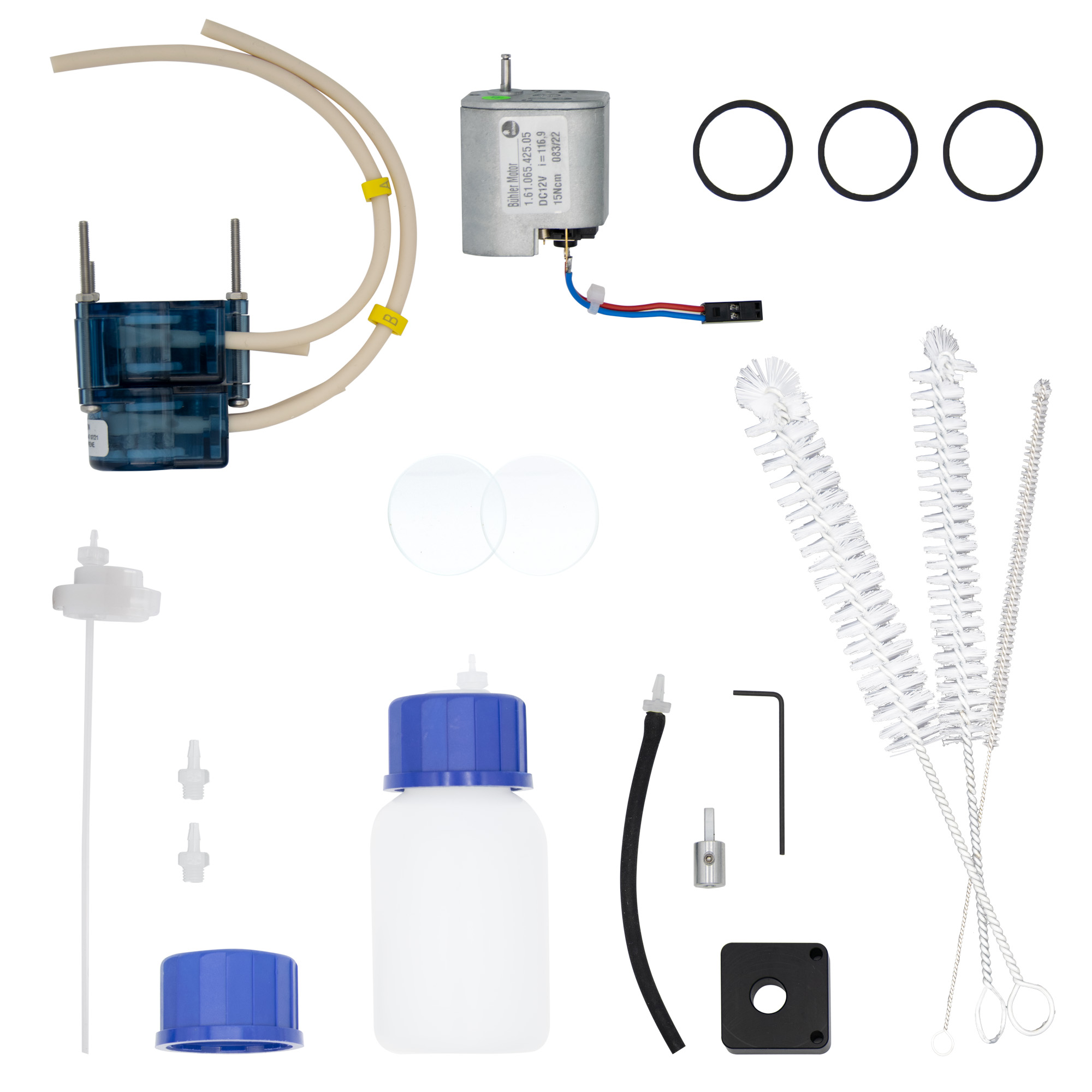 Service set Professional for 2-year maintenance Testomat® 808 SiO2 service-set professional für 2 jährige Wartung Testomat 808 SiO₂, Übersicht aller Komponenten wie Sichtscheiben, Dichtungen, Bürsten, etc.
