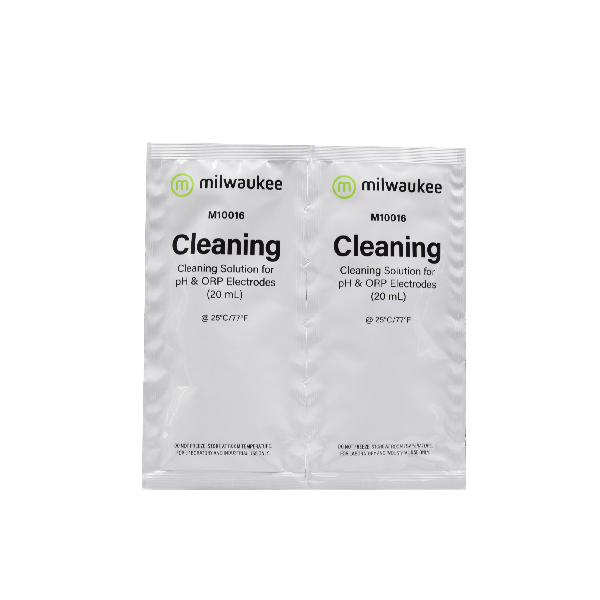 Milwaukee M10016B Elektrodenreinigungslösung 25 Einzelbeutel sichtbar, Frontansicht mit Produktname, Lösung zur schnellen Elektrodenreinigung, 20 ml Beutel für pH-Elektroden, Milwaukee Reinigungslösung