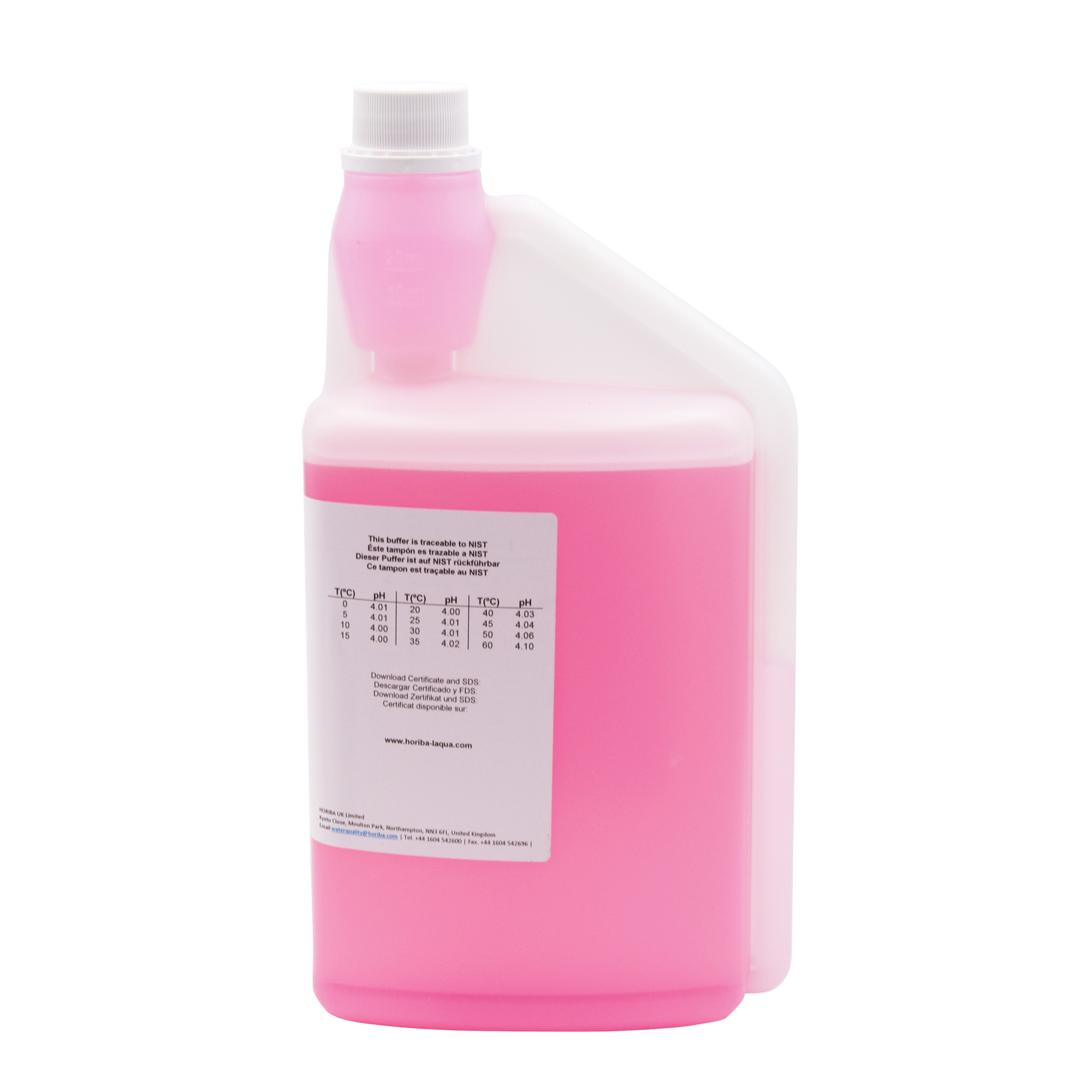 HORIBA pH 4.01 Pufferlösung 1000 ml, Rückseite mit Temperatur-pH-Wert-Tabelle für präzise Kalibrierung