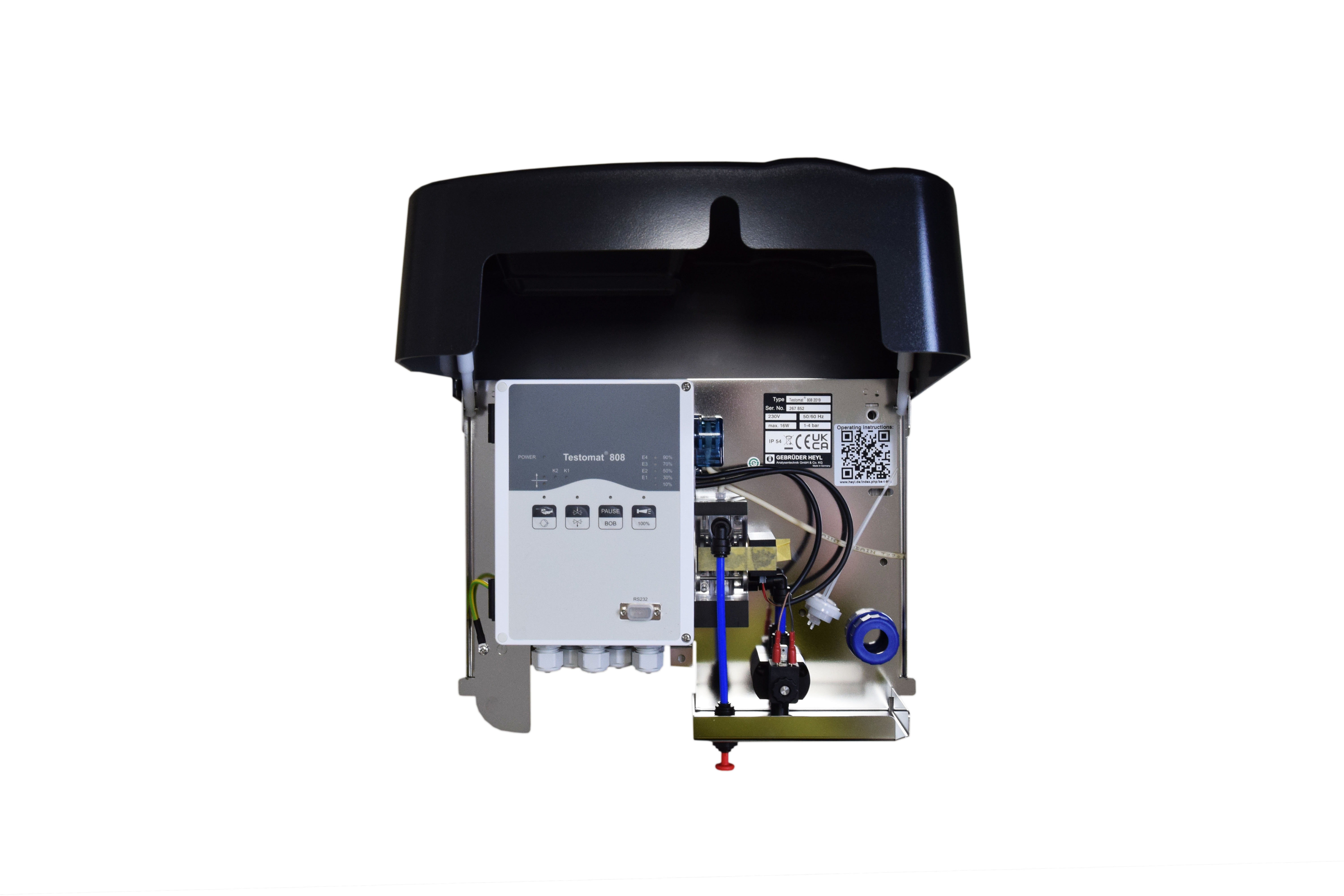Testomat 808, Rückansicht mit Stromanschluss, Bedienfeld und LED-Statusanzeigen, (D) 230 V/50-60 Hz 0,3 - 1 bar