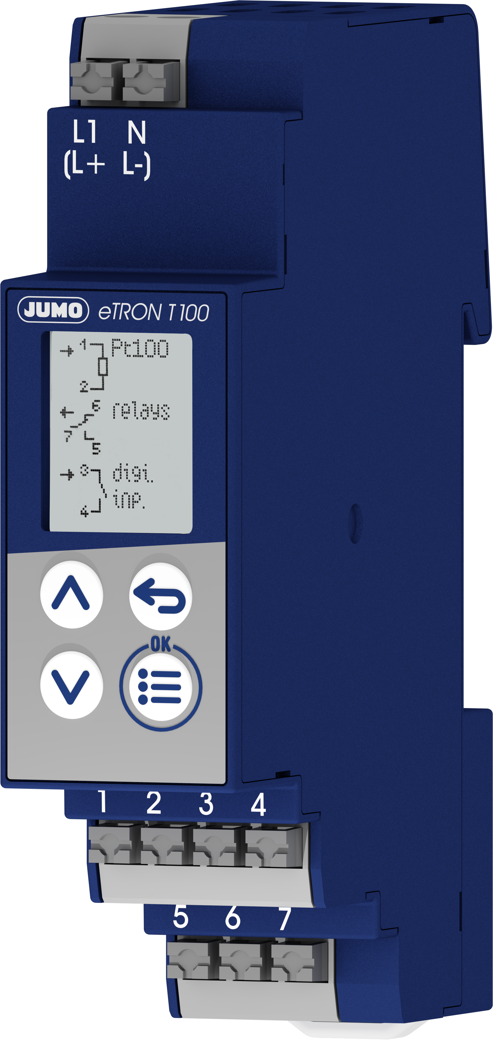 JUMO eTRON T100 on top-hat rail, housing in 3D view with display details