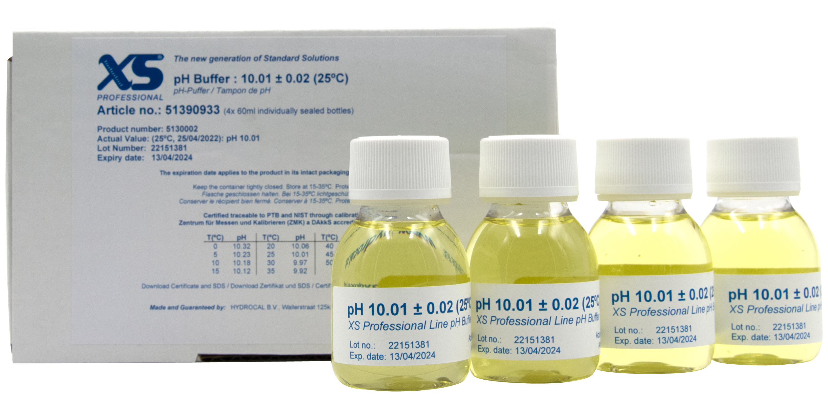 XS Professional pH 10.01 Pufferlösung gelb eingefärbt, 4x 60ml Flaschen