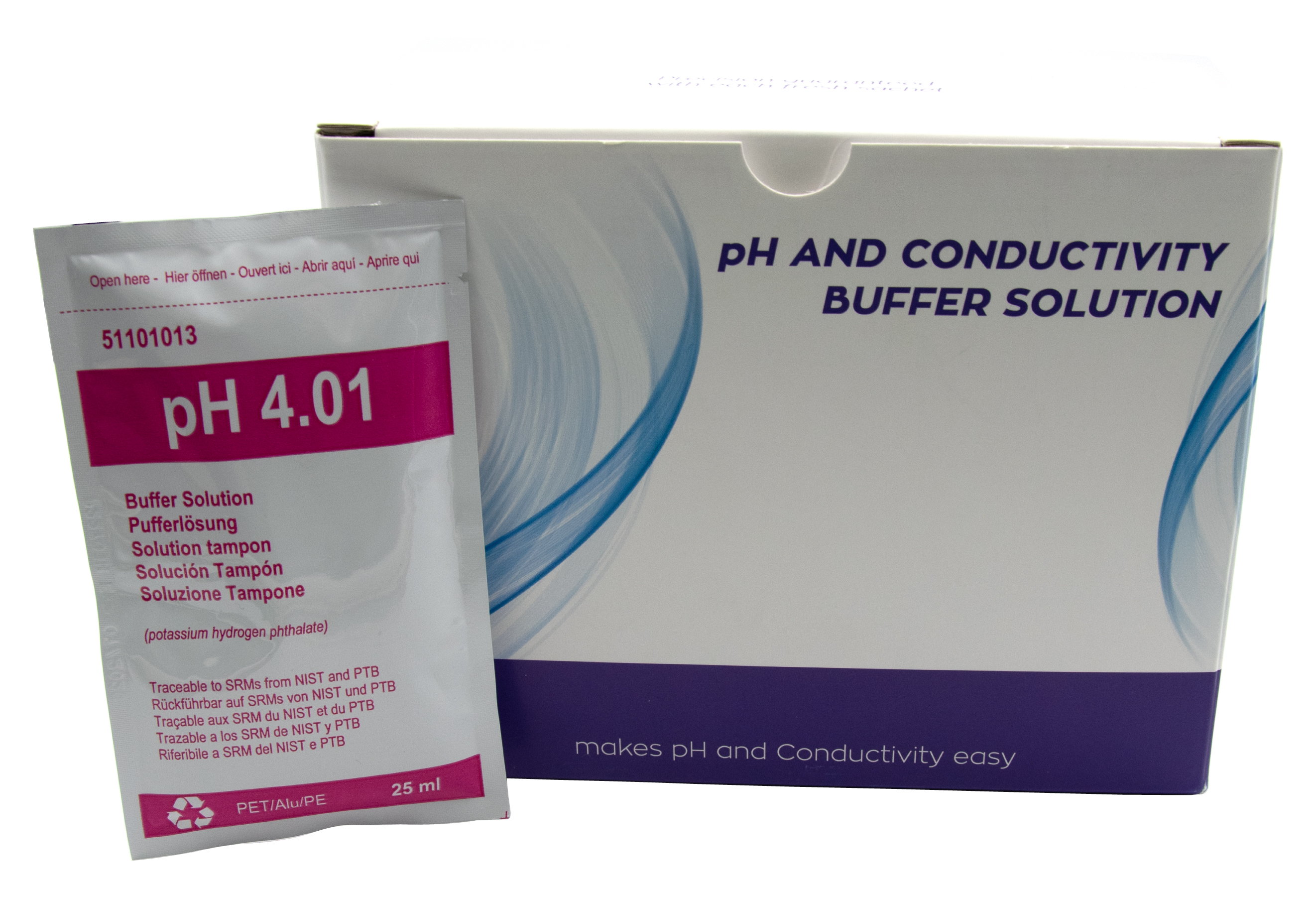 XS BASIC pH 4.01 Pufferlösungspackung mit 20 Tüten, rote Verpackung, 25 ml Inhalt pro Tüte, mit Analysenzertifikat